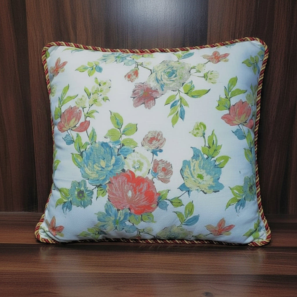 Pack of 2 Cushion Covers of Cotton Panama Printed Fabric embellished with Fancy Cord (Without Filling)