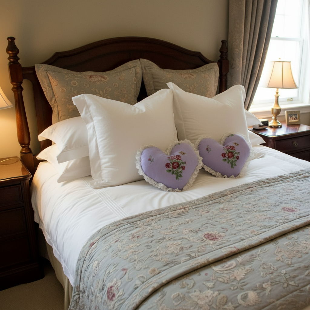 Pack of 2 Frilled Heart Shape Model Cushions of Cotton Printed Fabric (Ball Fiber Filled)