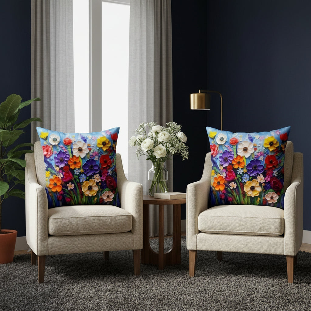 Pack of 2 Cushion Covers of 3-D Photo Printed (Foil) Spring Flowers (Without Filling)