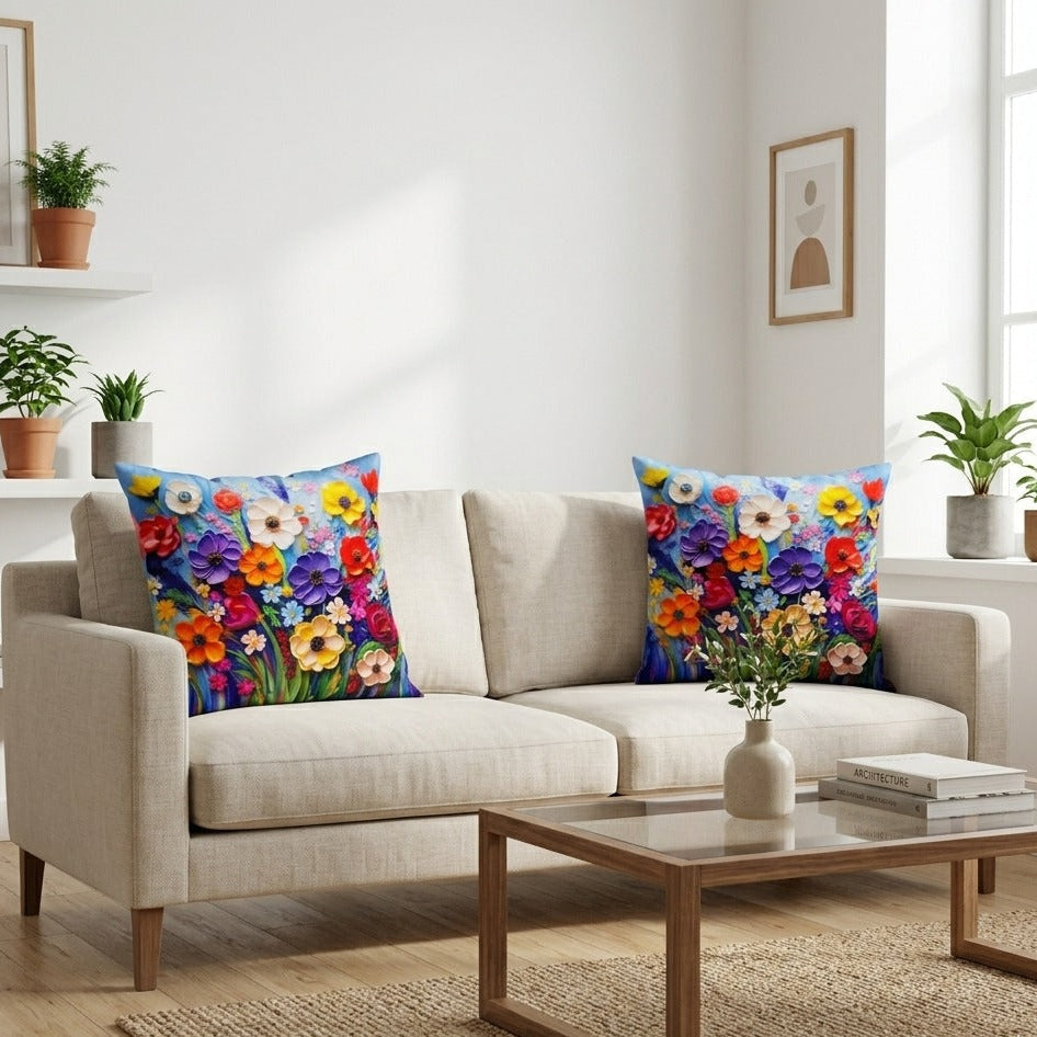 Pack of 2 Cushion Covers of 3-D Photo Printed (Foil) Spring Flowers (Without Filling)
