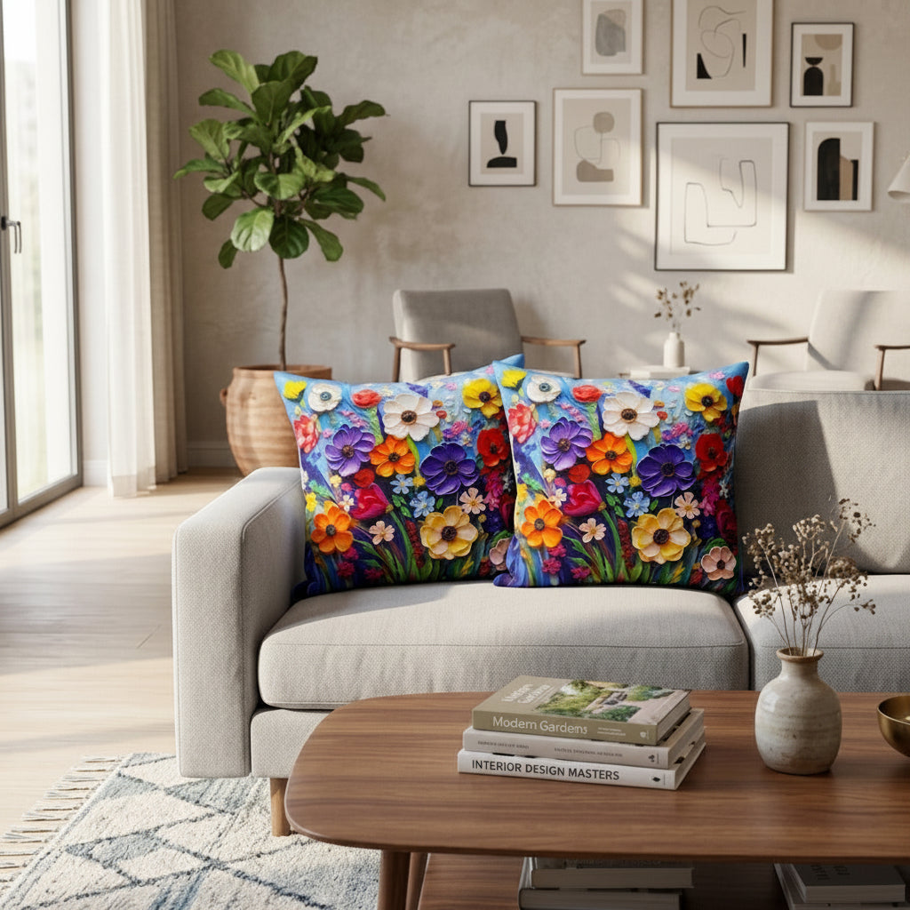 Pack of 2 Cushion Covers of 3-D Photo Printed (Foil) Spring Flowers (Without Filling)