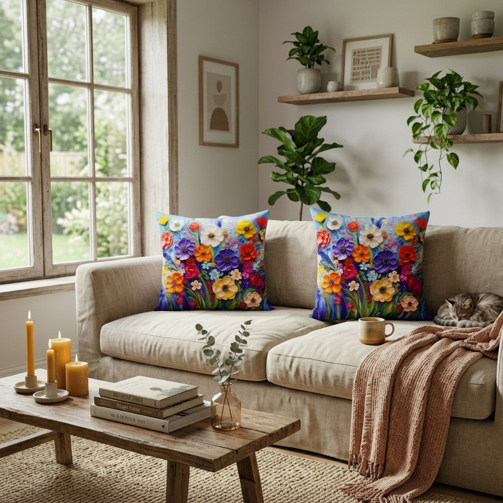 Pack of 2 Cushion Covers of 3-D Photo Printed (Foil) Spring Flowers (Without Filling)
