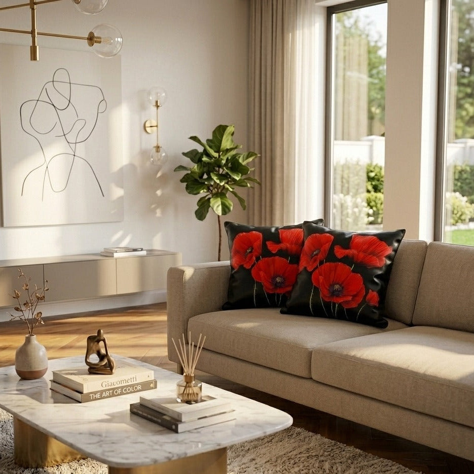 Pack of 2 Cushion Covers of 3-D Photo Printed (Foil) Red Poppy Flowers (Without Filling)