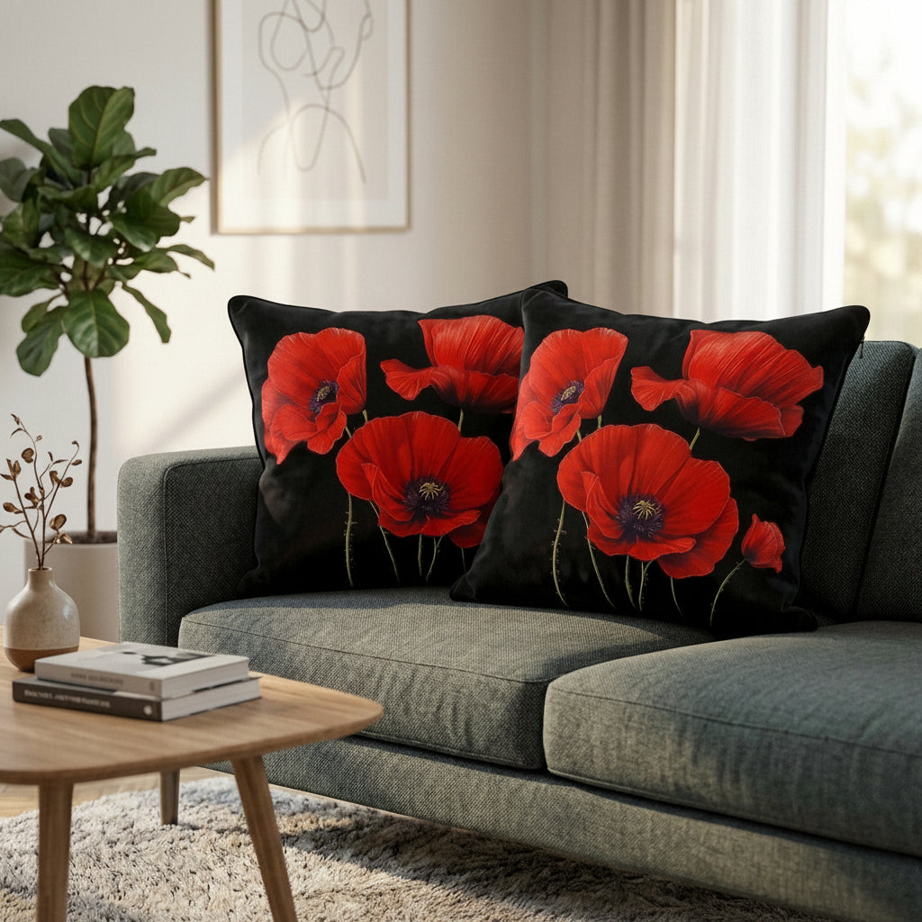 Pack of 2 Cushion Covers of 3-D Photo Printed (Foil) Red Poppy Flowers (Without Filling)