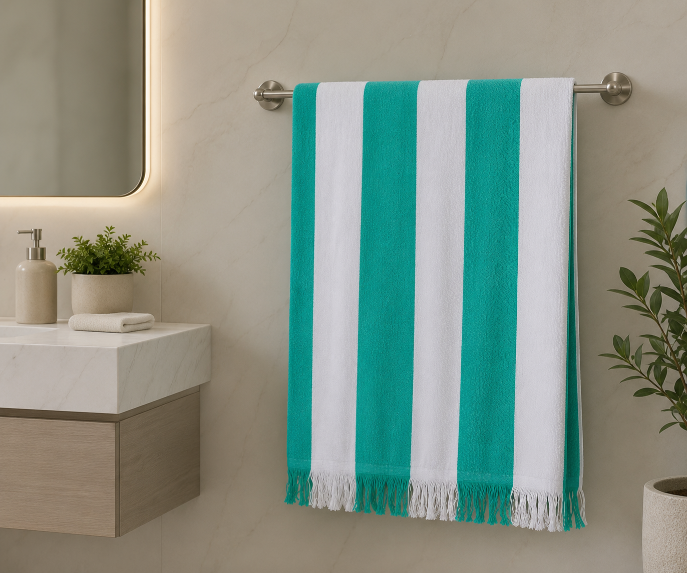 Premium Quality Yarn Dyed Bath Sheet (Green-White Stripes)