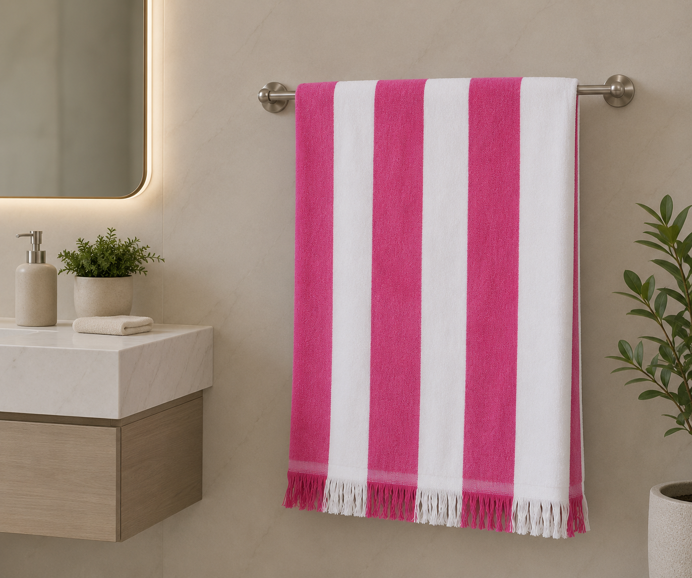 Premium Quality Yarn Dyed Bath Sheet with Fringed Edges (Pink-White Stripes)