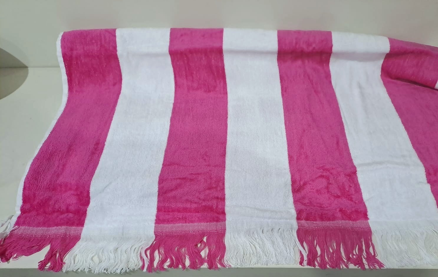 Premium Quality Yarn Dyed Bath Sheet with Fringed Edges (Pink-White Stripes)