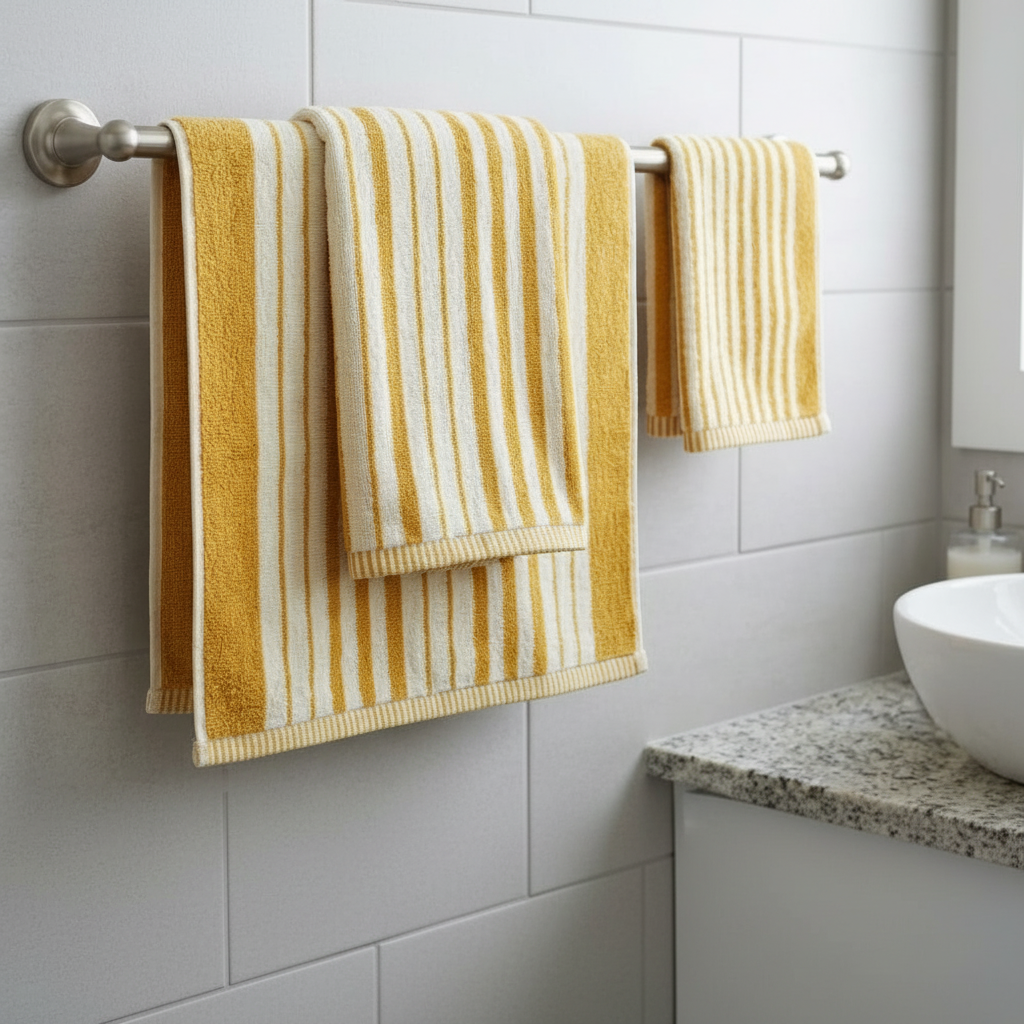 3 Pcs Premium Quality Yarn Dyed Towels Set (Yellow-Cream Stripes)