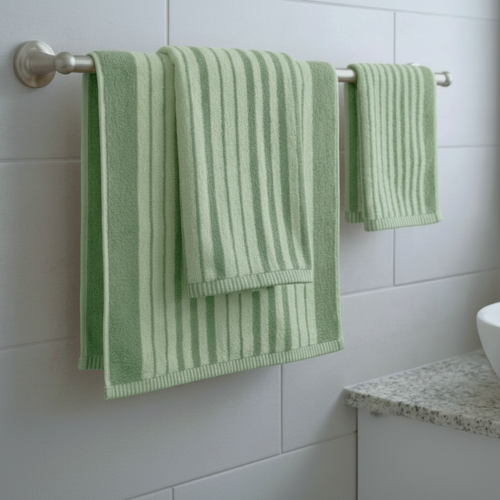3 Pcs Premium Quality Yarn Dyed Towels Set (Light & Mid Green Stripes)