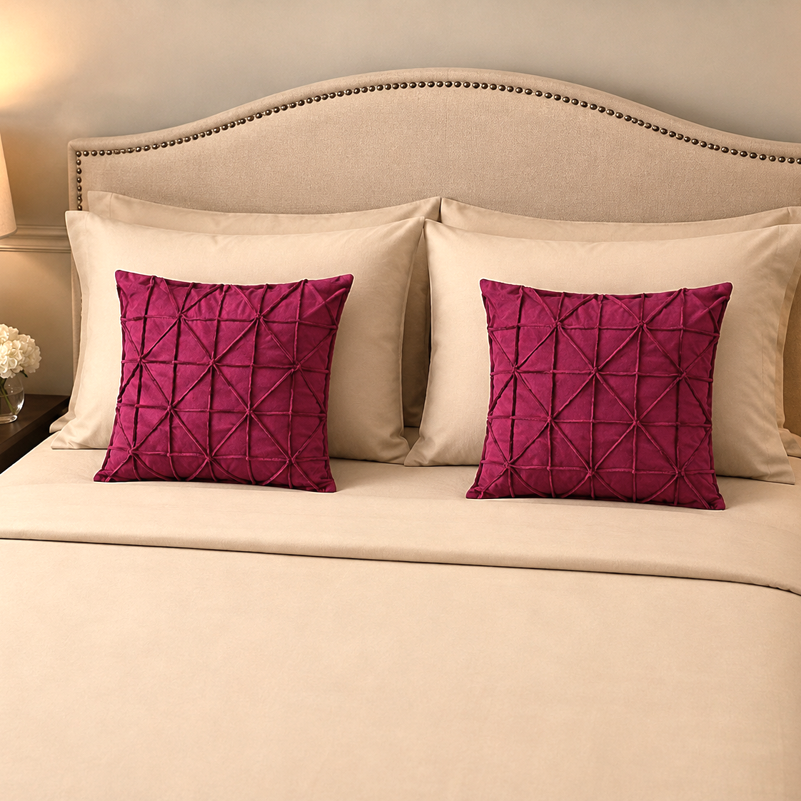 Pack of 2 Velvet Decorative Geometric Double Pleated Cushions (With Fillings)