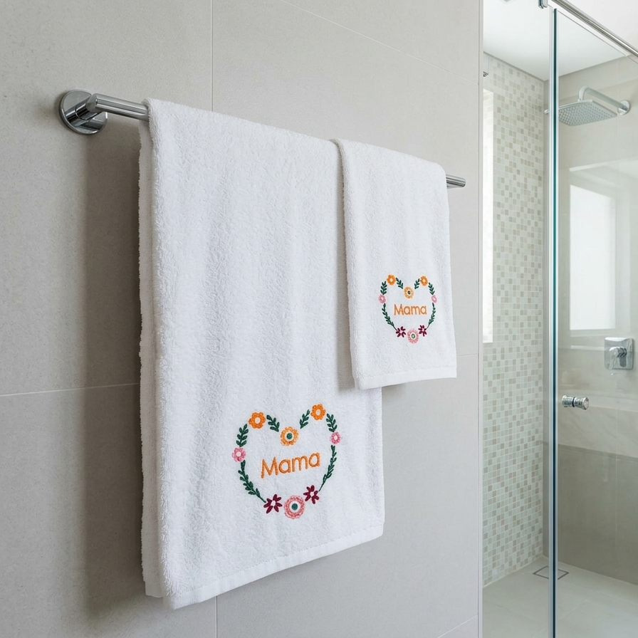 2-Pcs Embroidered White Towels Set (01 Bath Towel & 01 Hand Towel)