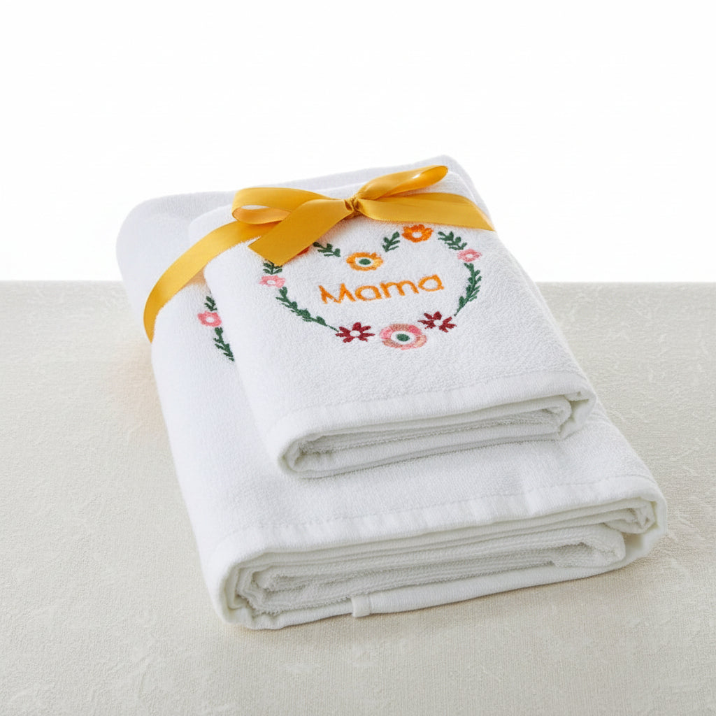 2-Pcs Embroidered White Towels Set (01 Bath Towel & 01 Hand Towel)