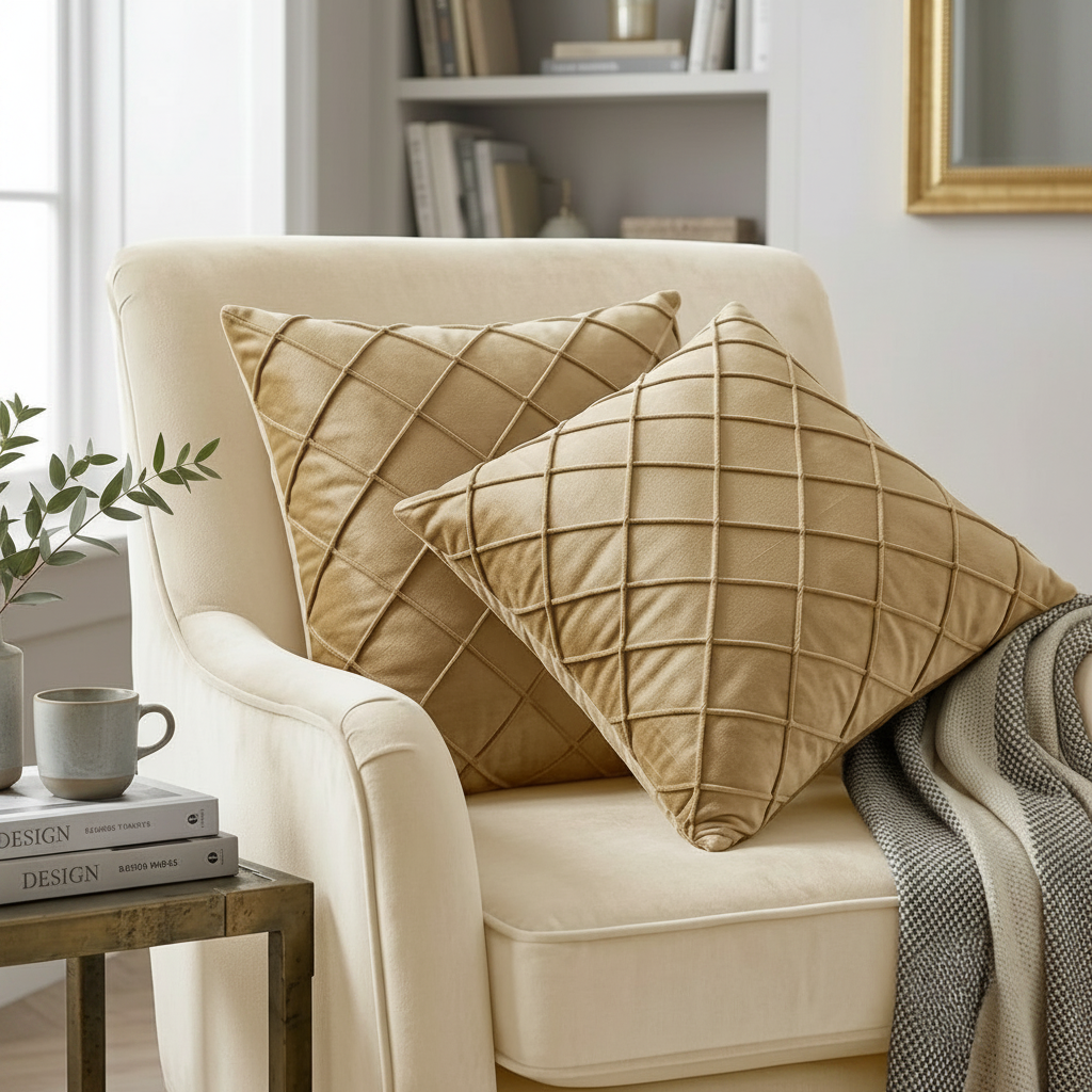 Pack of 2 Velvet Decorative Diamond Pleated Cushions – Golden (With Filling)