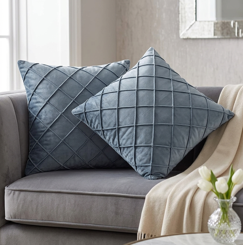 Pack of 2 Velvet Decorative Diamond Pleated Cushions – Grey (With Fillings)