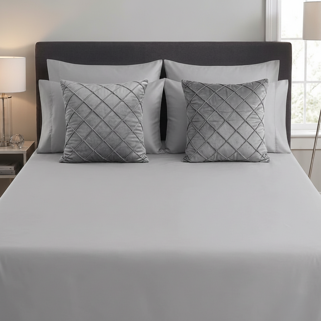 Pack of 2 Velvet Decorative Diamond Pleated Cushions – Grey (With Fillings)