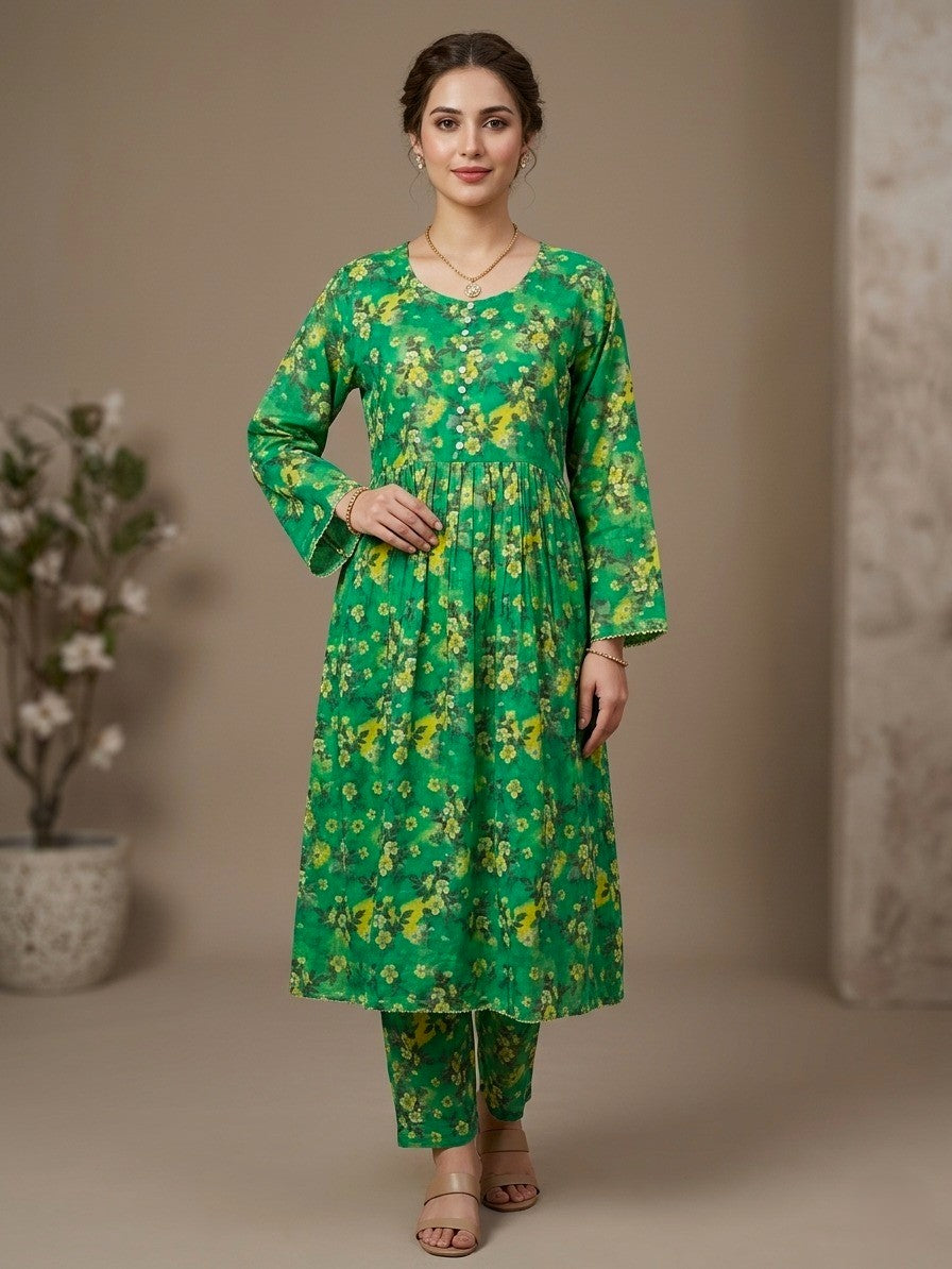 2-Pcs Printed Lawn Suit (Frock Style Shirt & matching Trouser) -Stitched