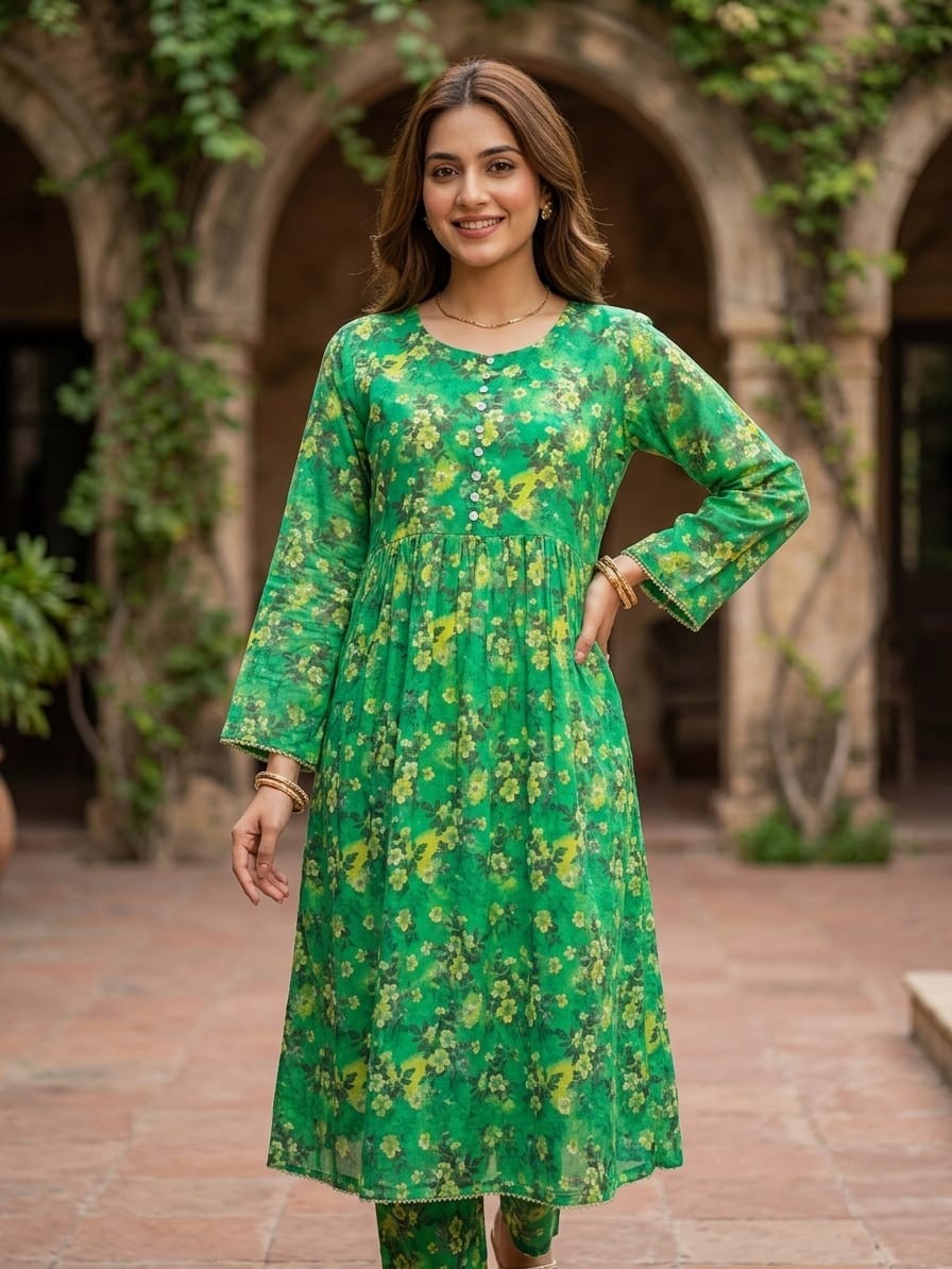 2-Pcs Printed Lawn Suit (Frock Style Shirt & matching Trouser) -Stitched