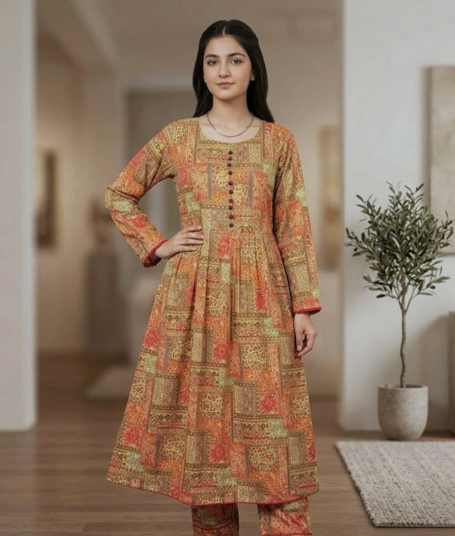 2-Pcs Printed Lawn Suit (Frock Style Shirt & matching Trouser) -Stitched