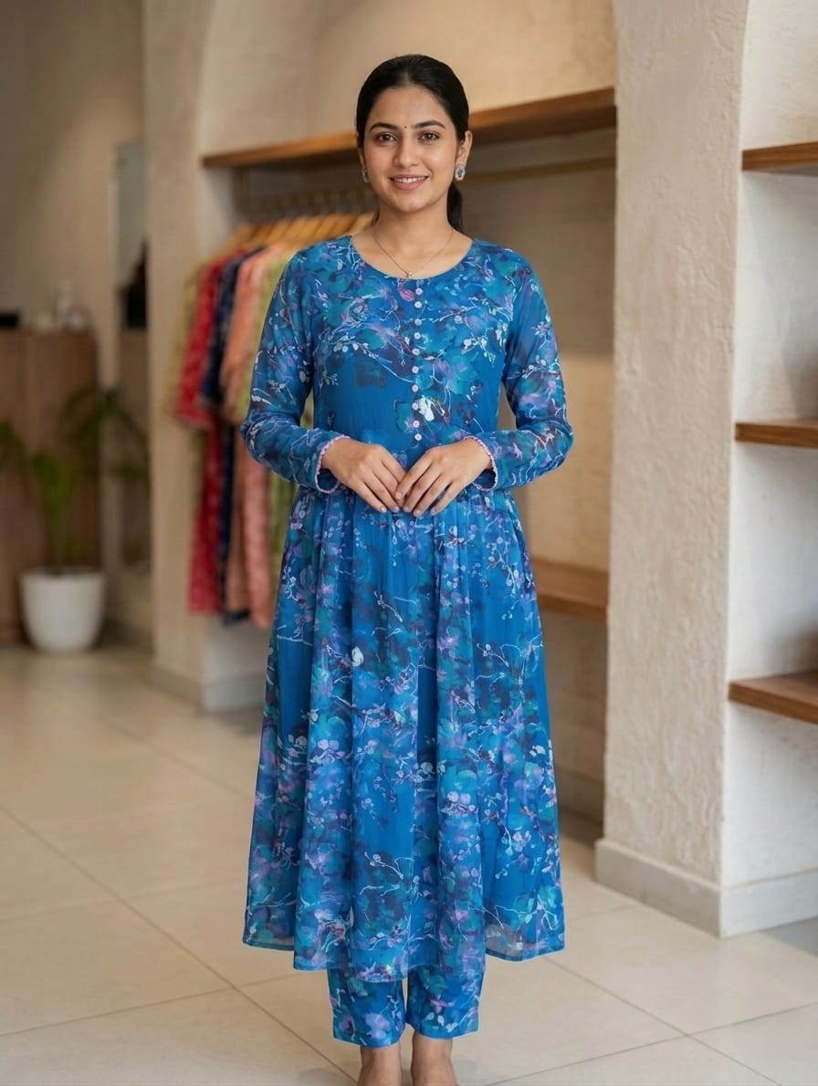 2-Pcs Printed Lawn Suit (Frock Style Shirt & matching Trouser) -Stitched