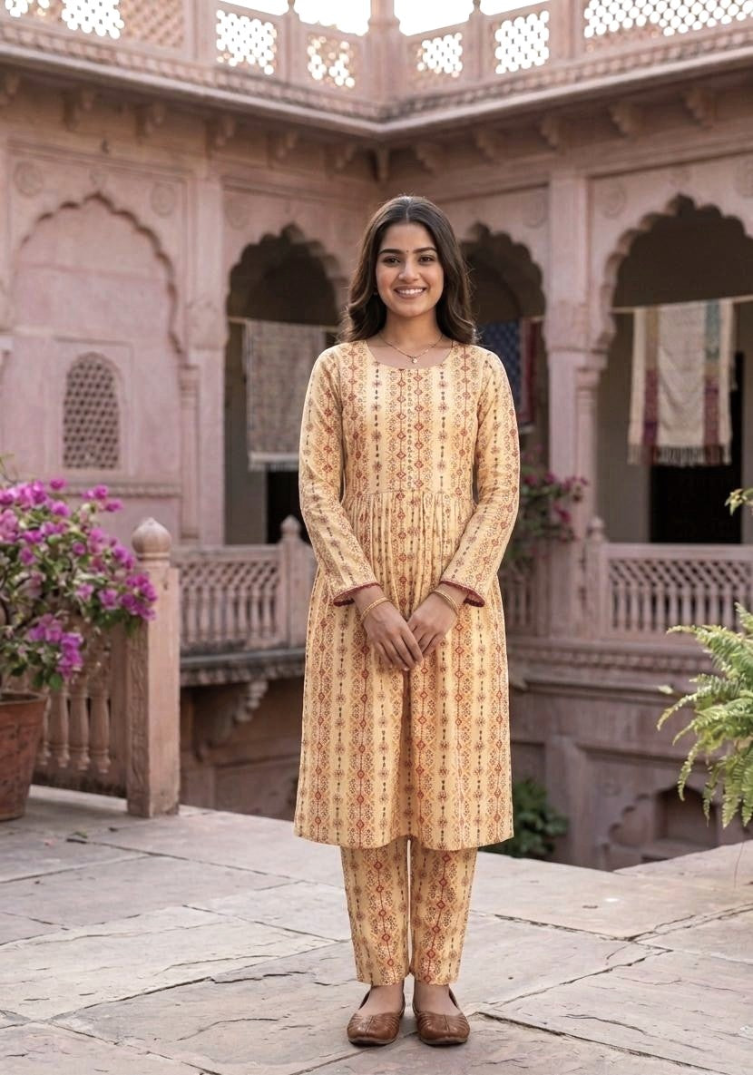 2-Pcs Printed Lawn Suit (Frock Style Shirt & matching Trouser) -Stitched