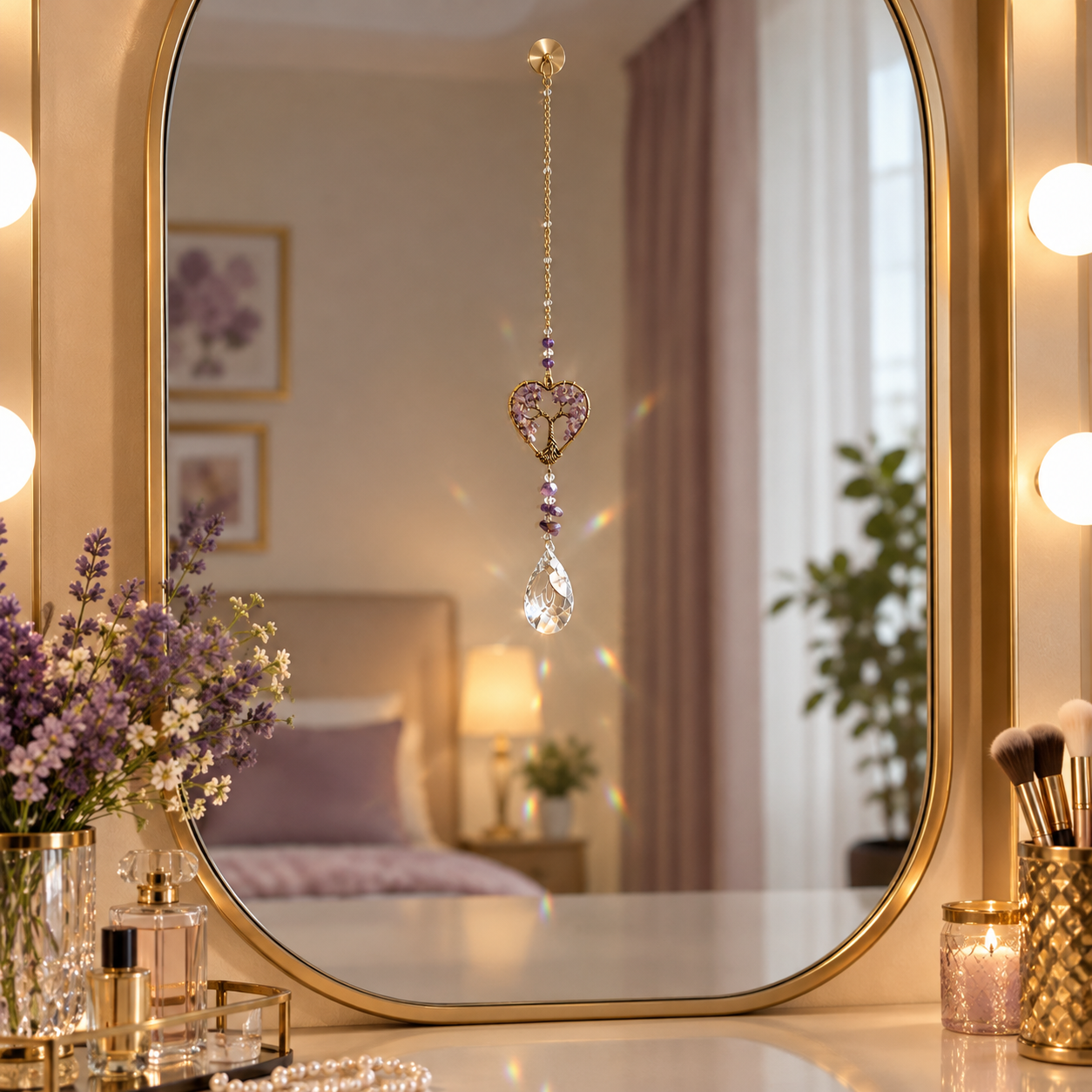 Antique Gold Metallic Hanging Ornament with a Purple Tree inside Heart and Suncatcher Crystal Charm