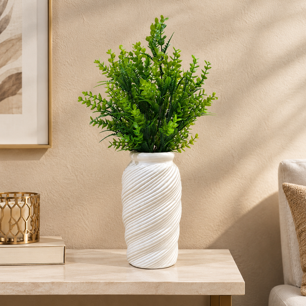 Spiral-Patterned decorative Plastic Vase (White) with 2 Bunches of artificial Green foliage