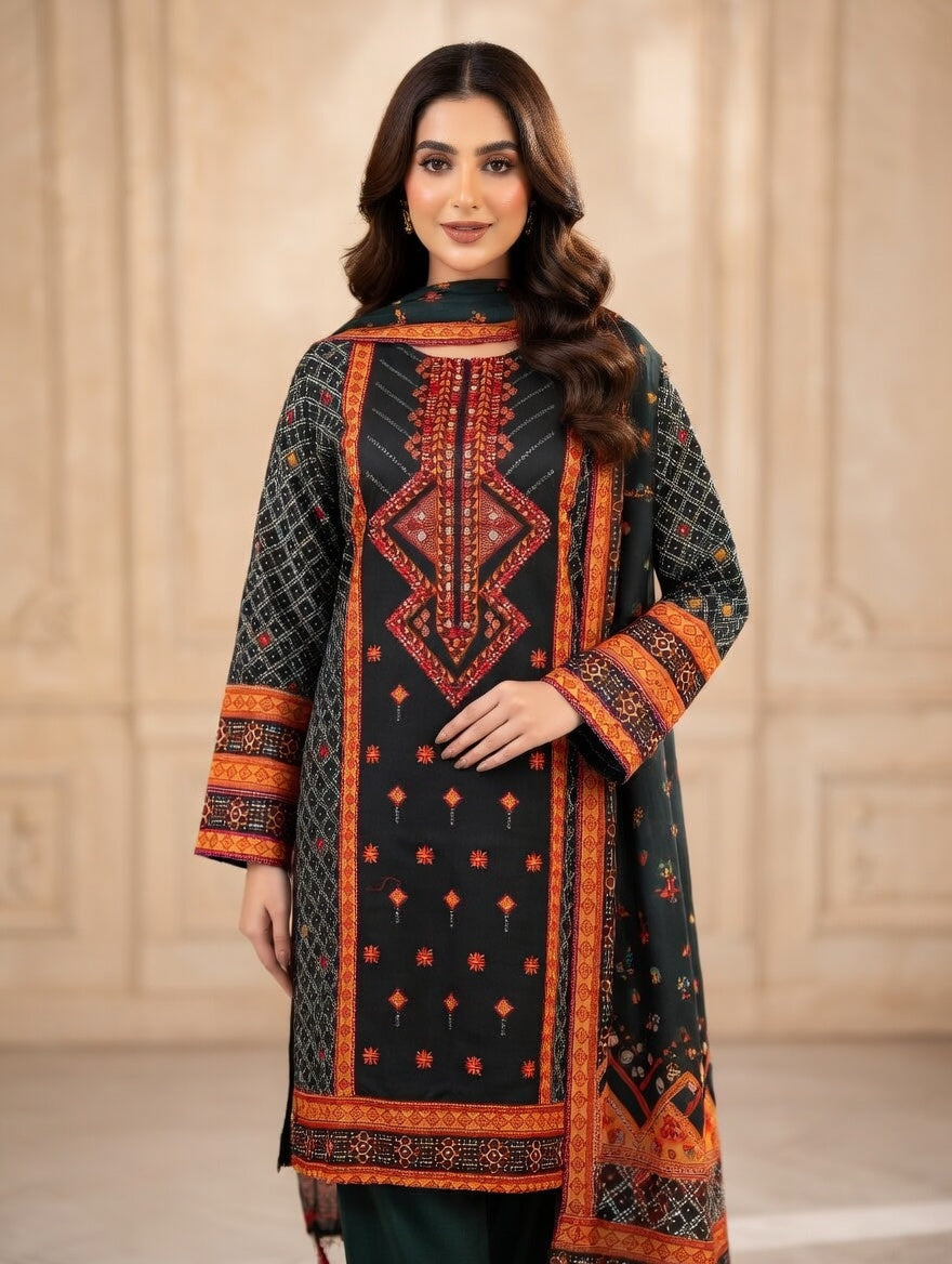 3-Pcs Printed & Embroidered Lawn Suit (Stitched)