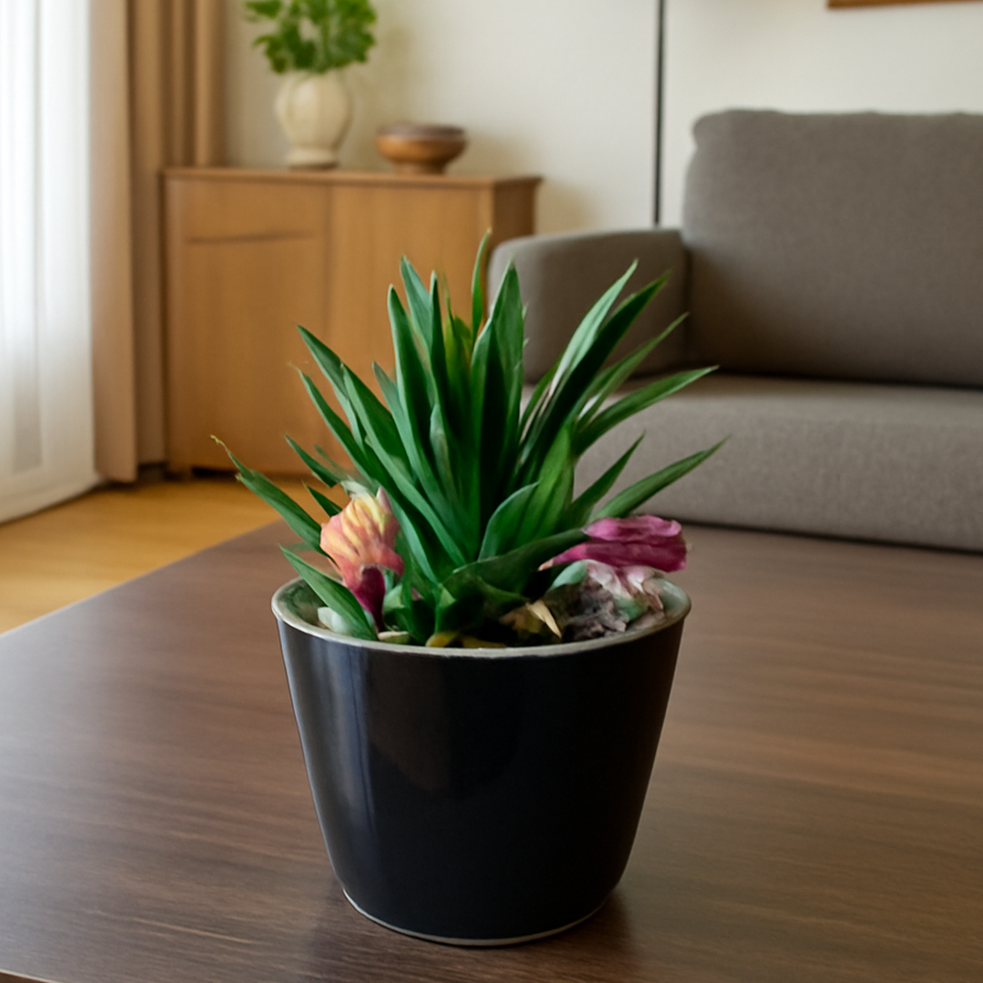 Black Ceramics Pot (Round Shape) with artificial Plants
