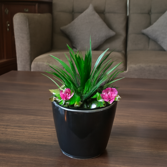 Black Ceramics Pot (Round Shape) with artificial Plants