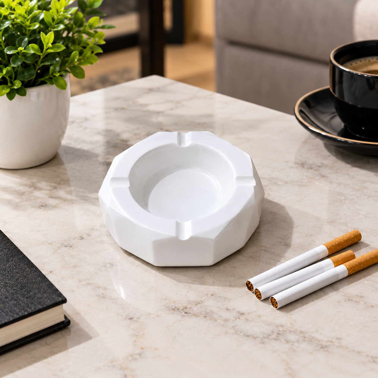 Octagon Shaped White Ceramic Ashtray with four Cigarette rests