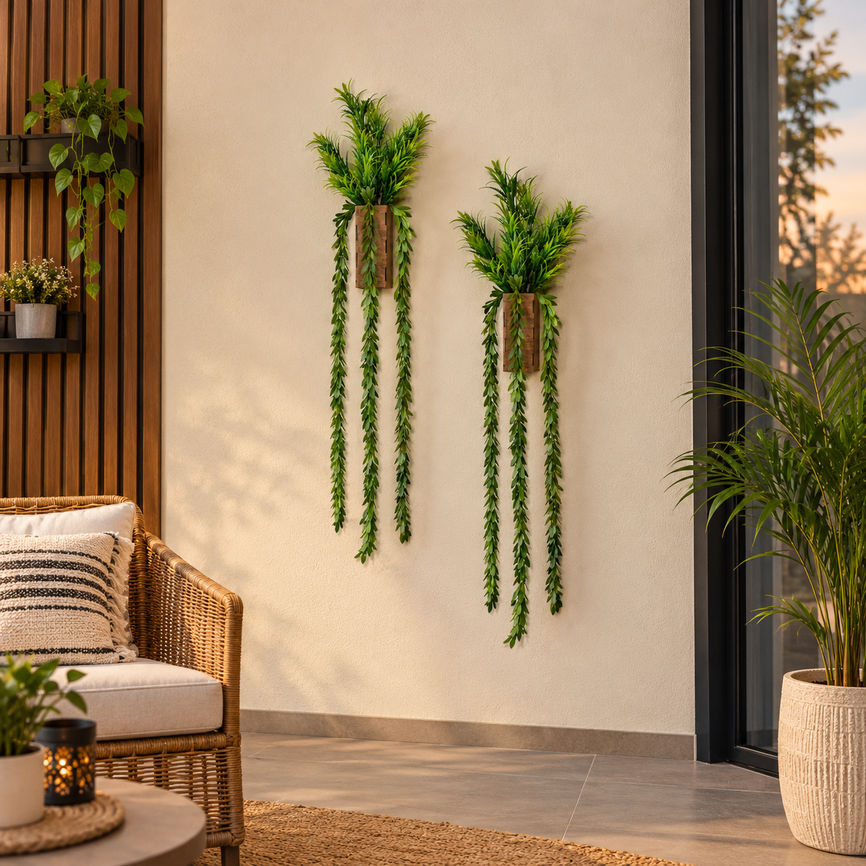 2 Pcs Set of Wooden wall Planters with artificial Plants