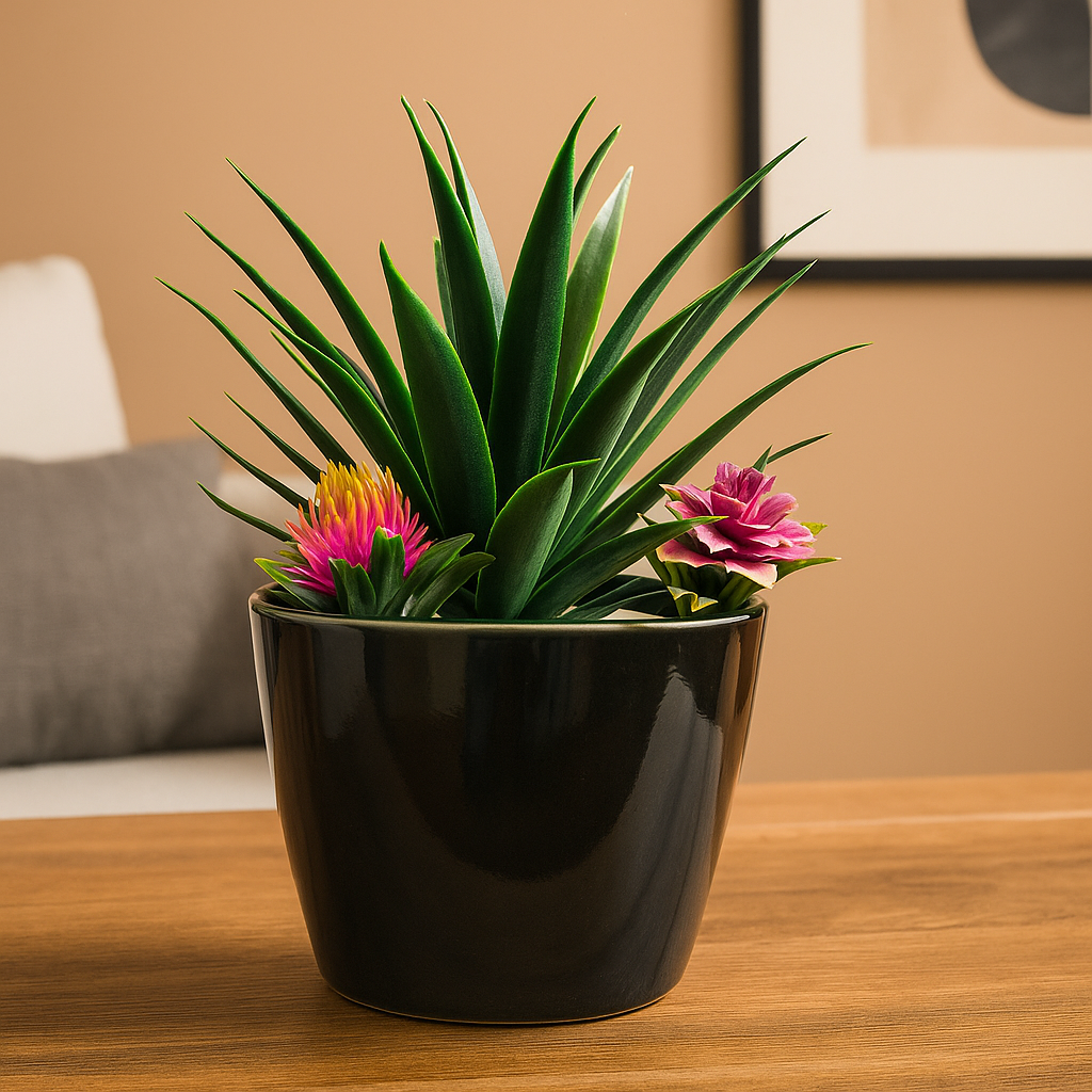 Black Ceramics Pot (Round Shape) with artificial Plants