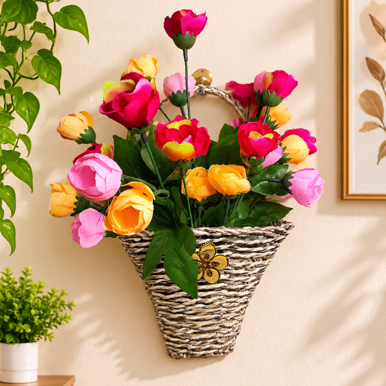 Multi Colour Flowers in a Cane Basket for Wall Hanging