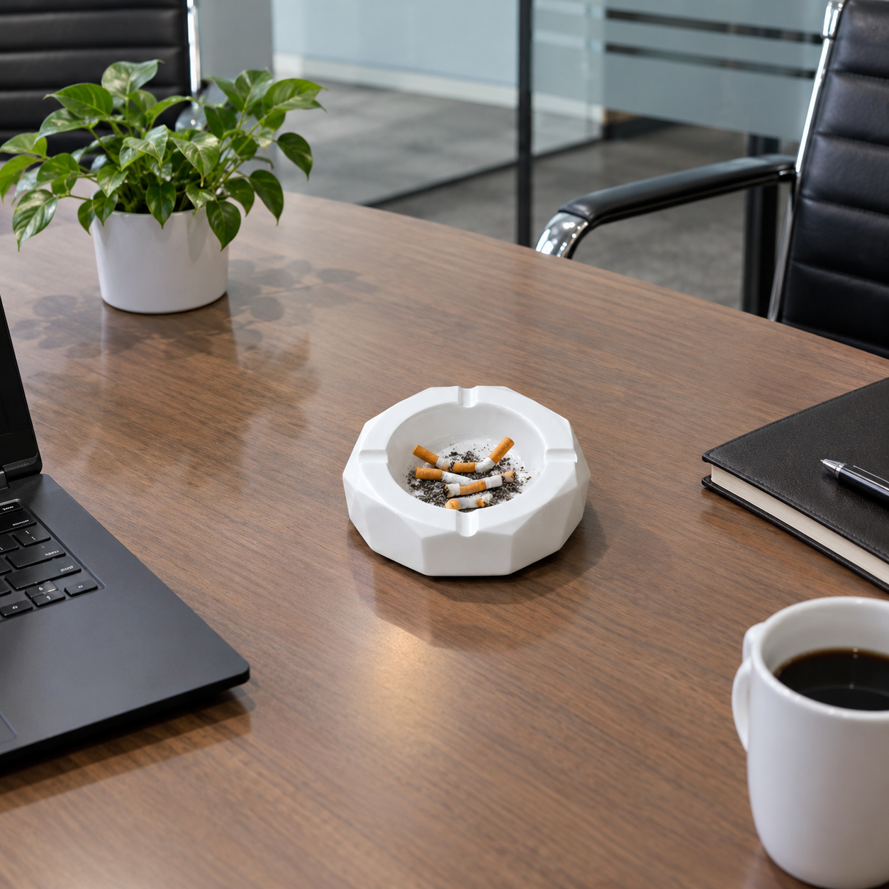 Octagon Shaped White Ceramic Ashtray with four Cigarette rests