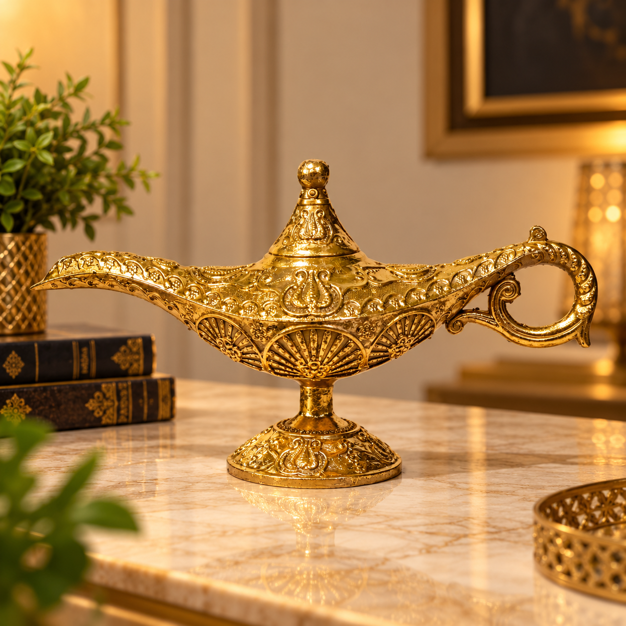 Handmade Golden Resin Aladdin Genie Light Lamp