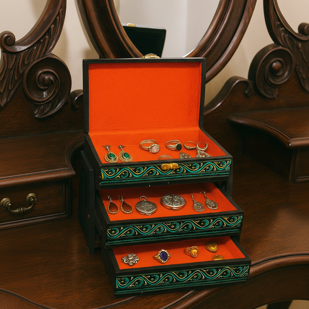 3 Layers Wooden Naqshi Decorative Jewelry Organizer