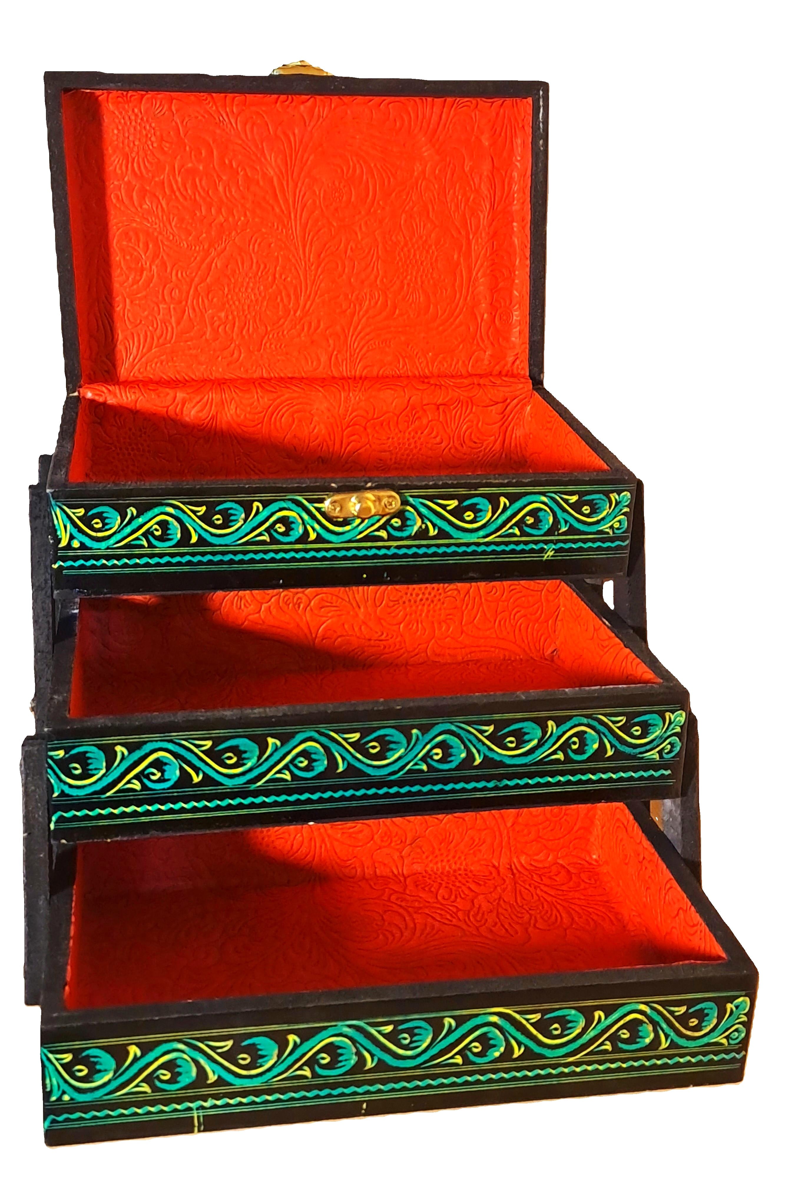 3 Layers Wooden Naqshi Decorative Jewelry Organizer