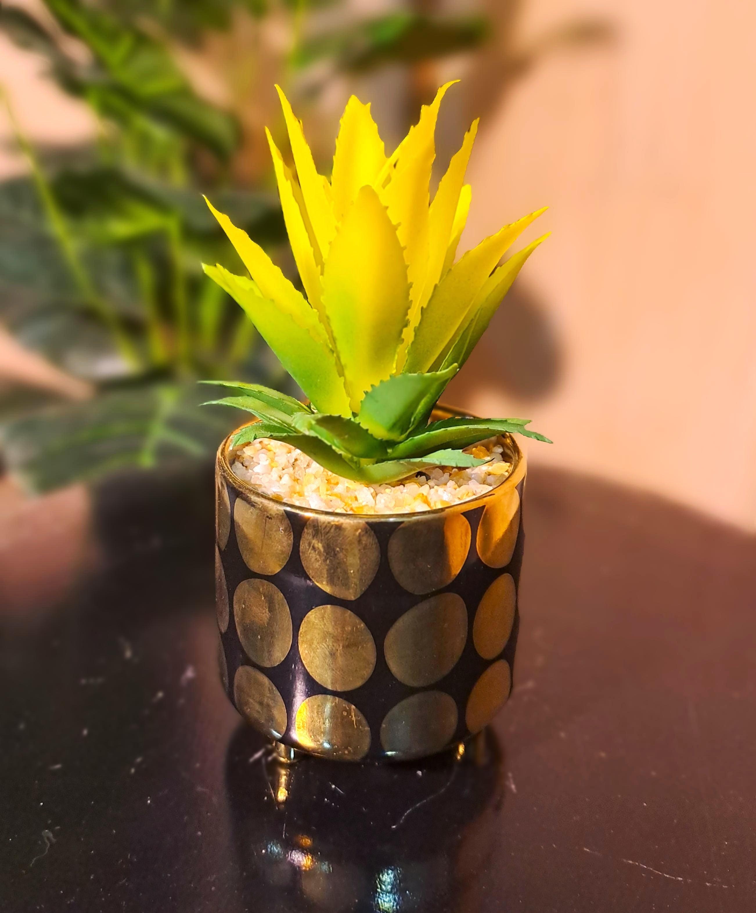 Ceramic Pot (Golden-Black) with artificial Cactus Plant