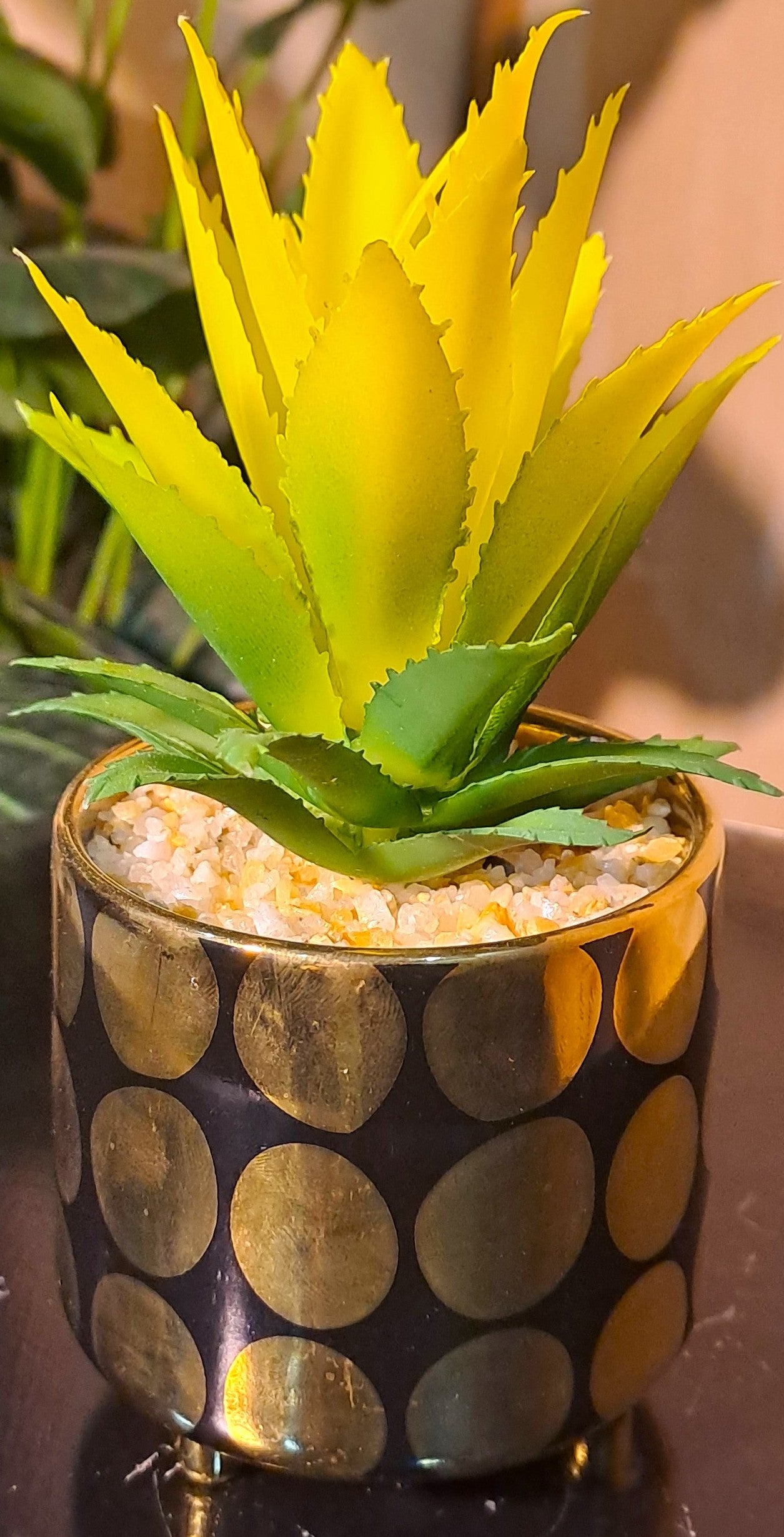 Ceramic Pot (Golden-Black) with artificial Cactus Plant