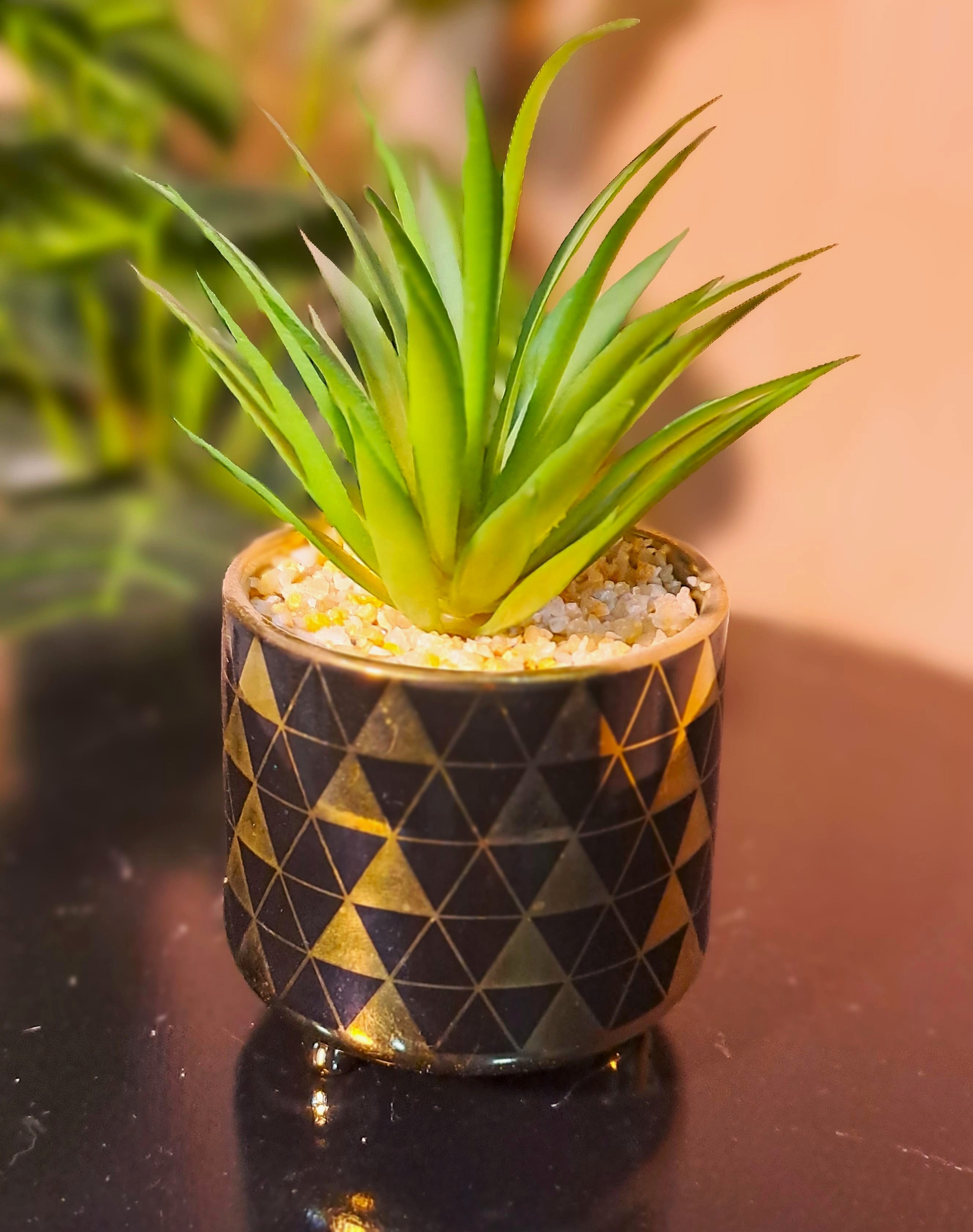 Ceramic Pot (Golden-Black) with artificial Cactus Plant