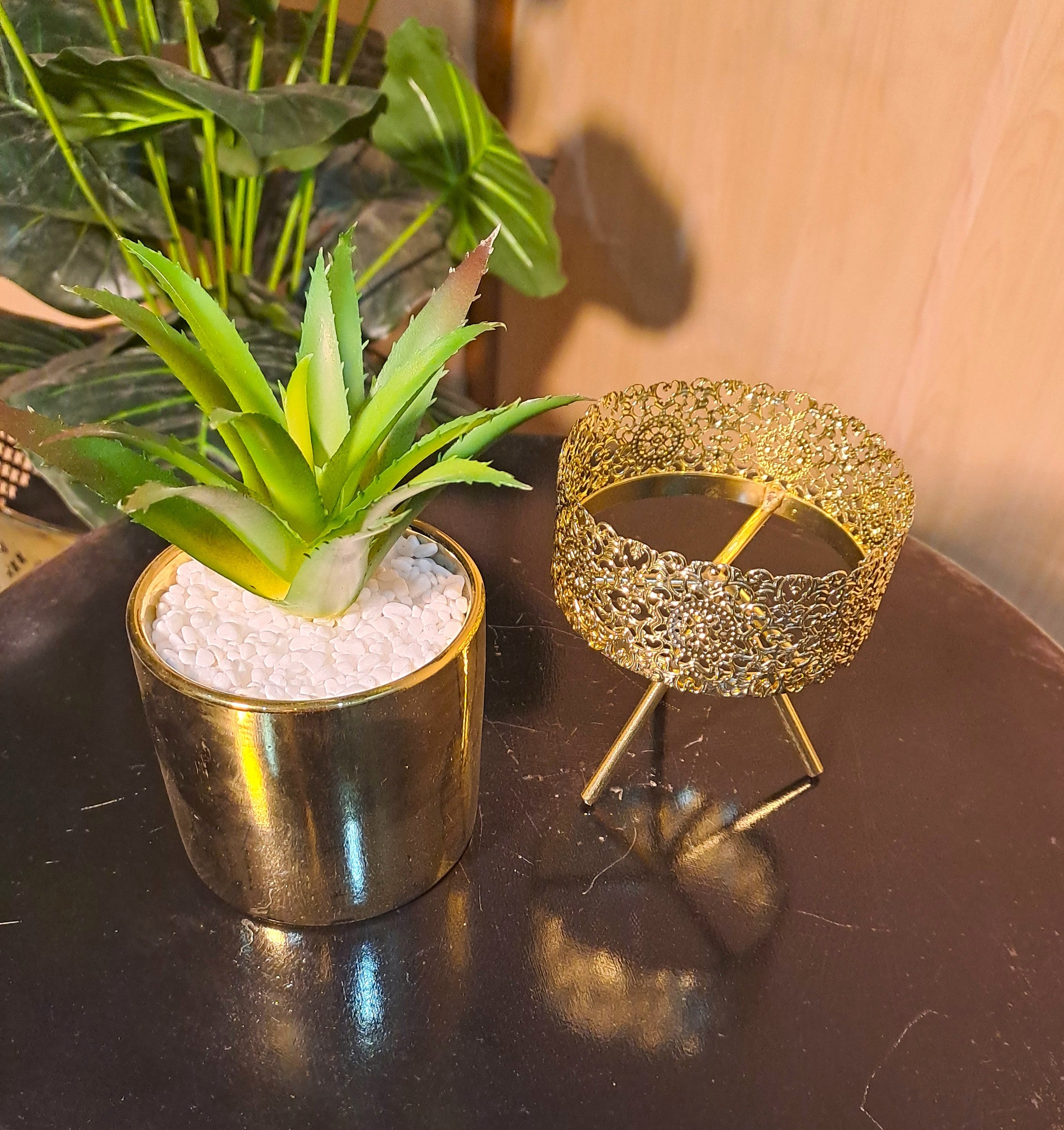 Ceramic Pot with Cactus Plant on a Tripod Stand