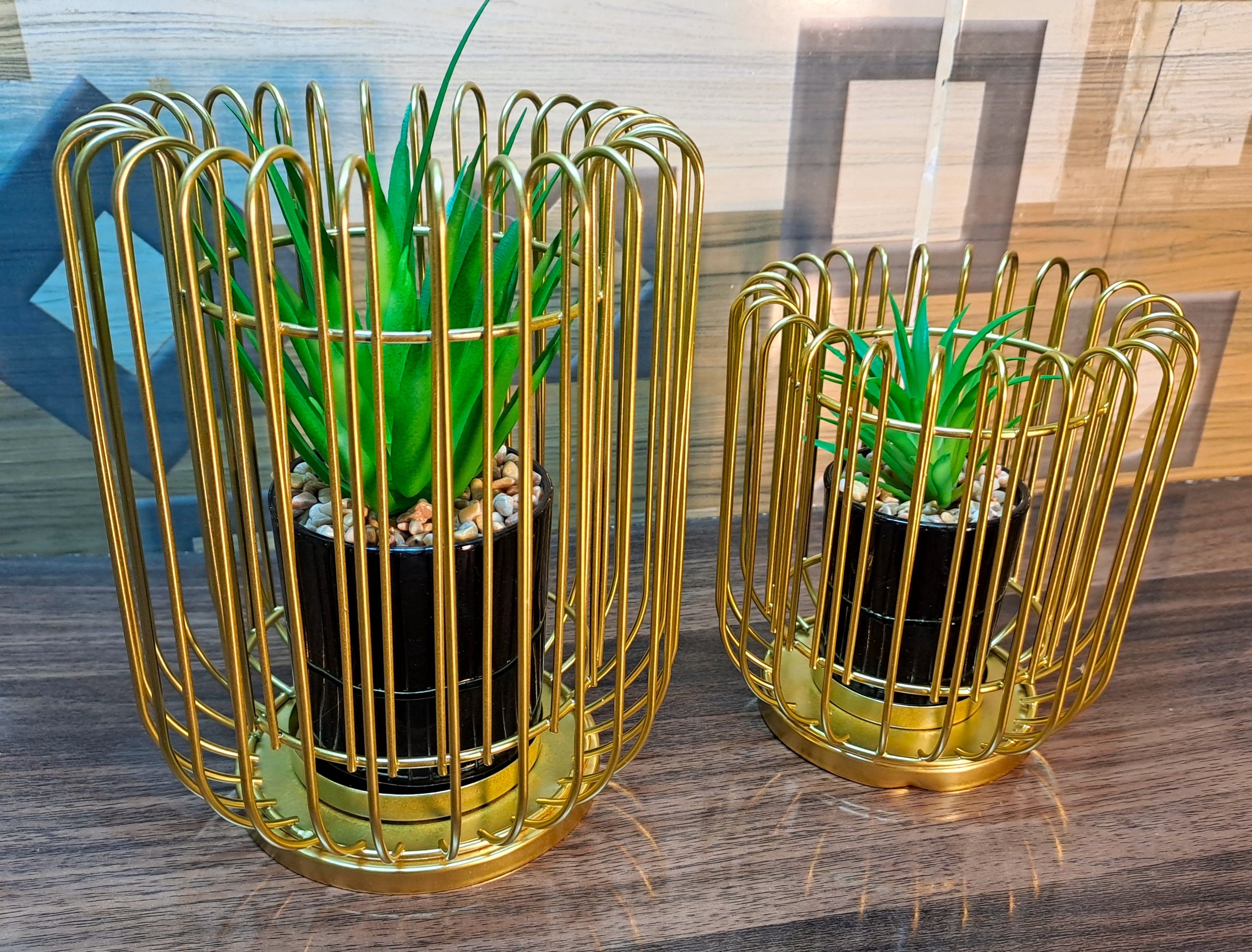 Cactus with Planter inside Acute Metallic Structure (2 Pcs set)