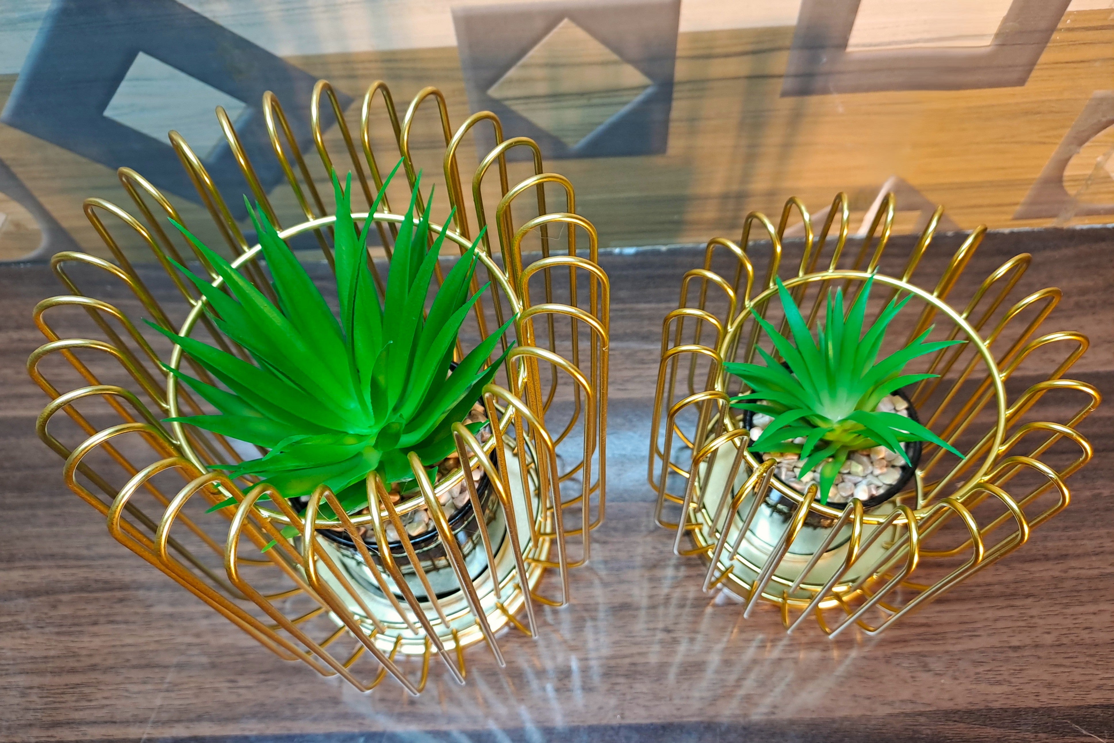 Cactus with Planter inside Acute Metallic Structure (2 Pcs set)