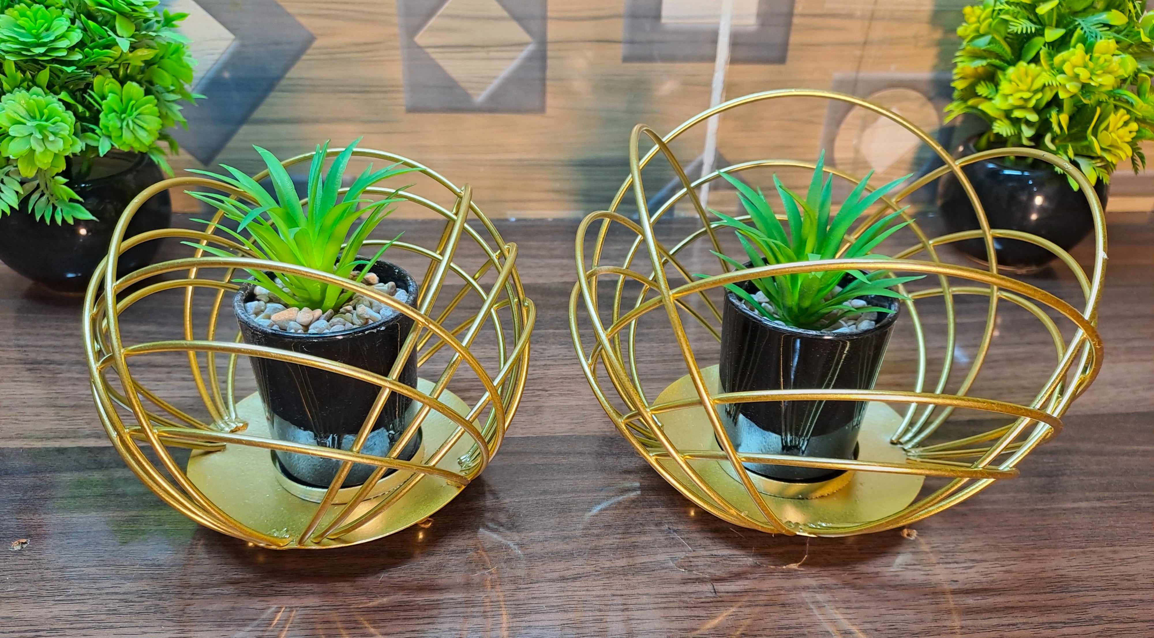 Cactus with Planter inside Acute Metallic Structure (2 Pcs set)