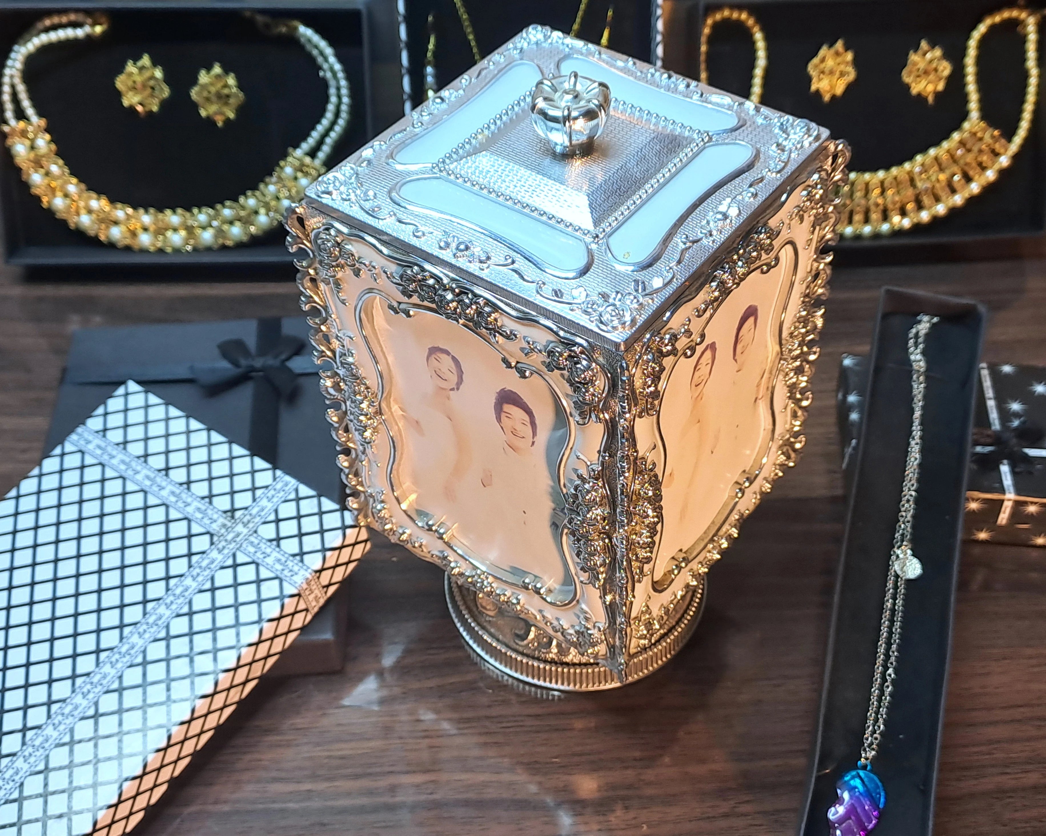 Silver Metallic Musical Rotating Jewellery Box cum Photo Frame