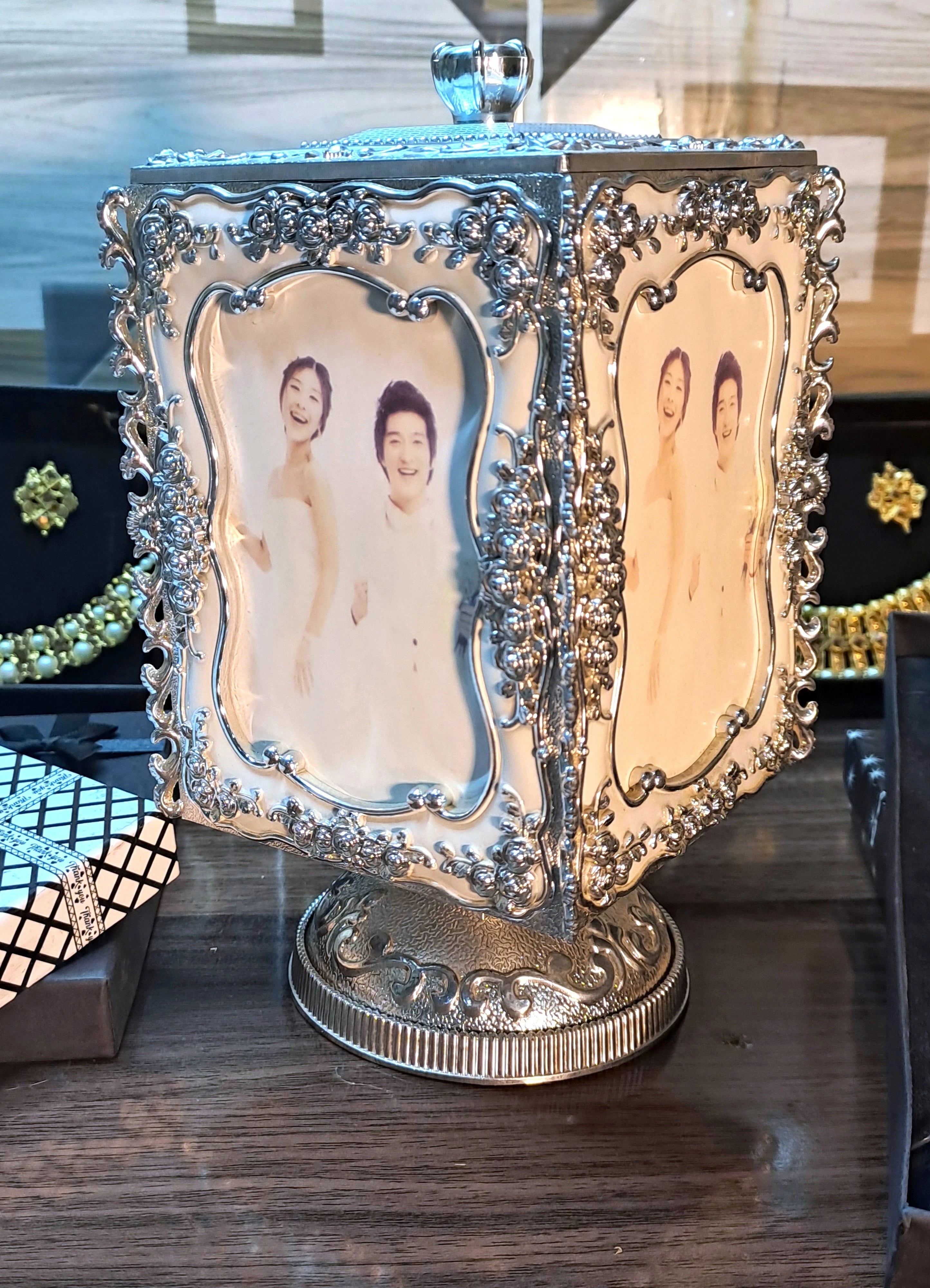 Silver Metallic Musical Rotating Jewellery Box cum Photo Frame