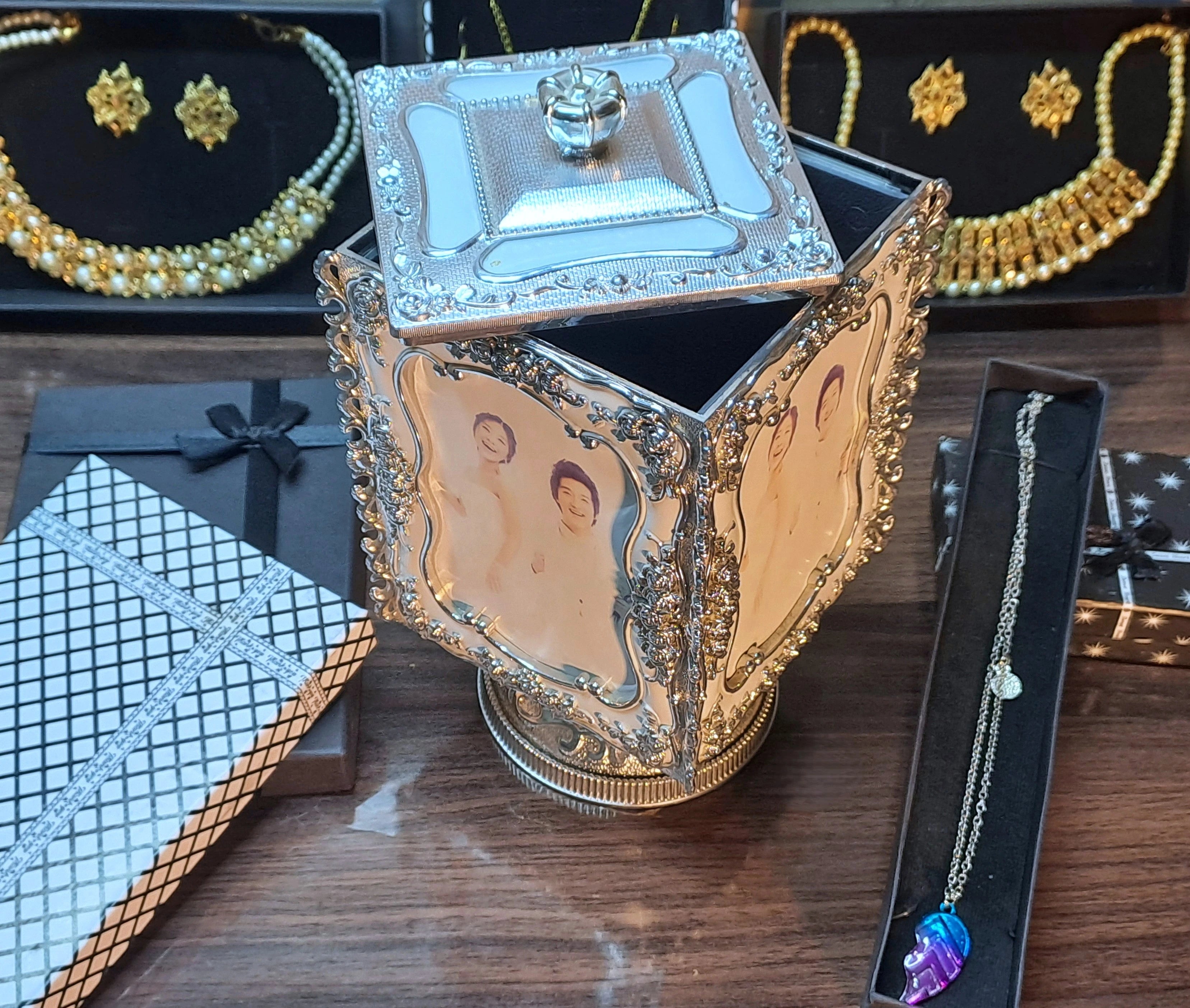 Silver Metallic Musical Rotating Jewellery Box cum Photo Frame