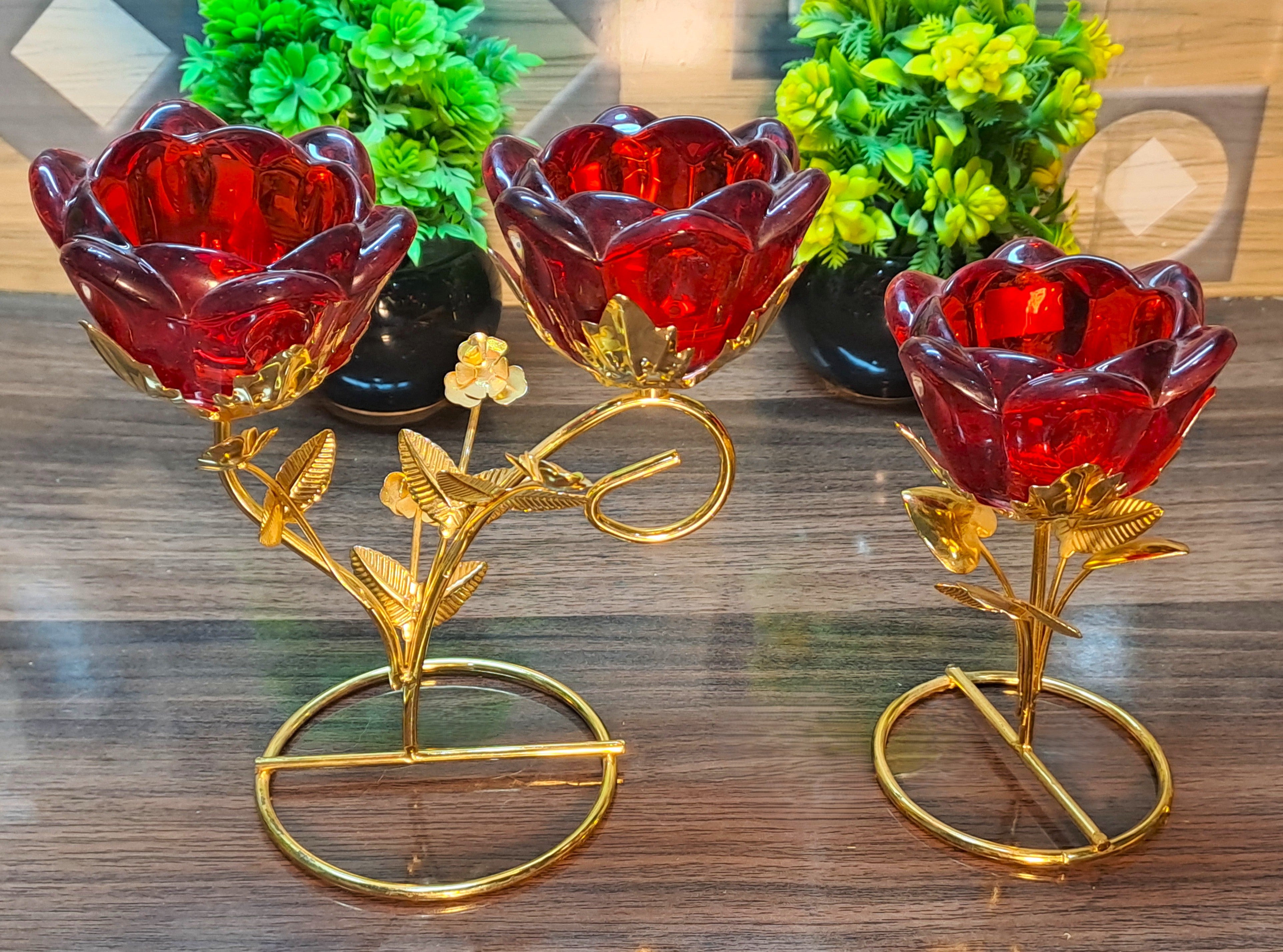 Golden Metallic Stands Set with Red Glass Rose Holder (2 Pieces in Set)