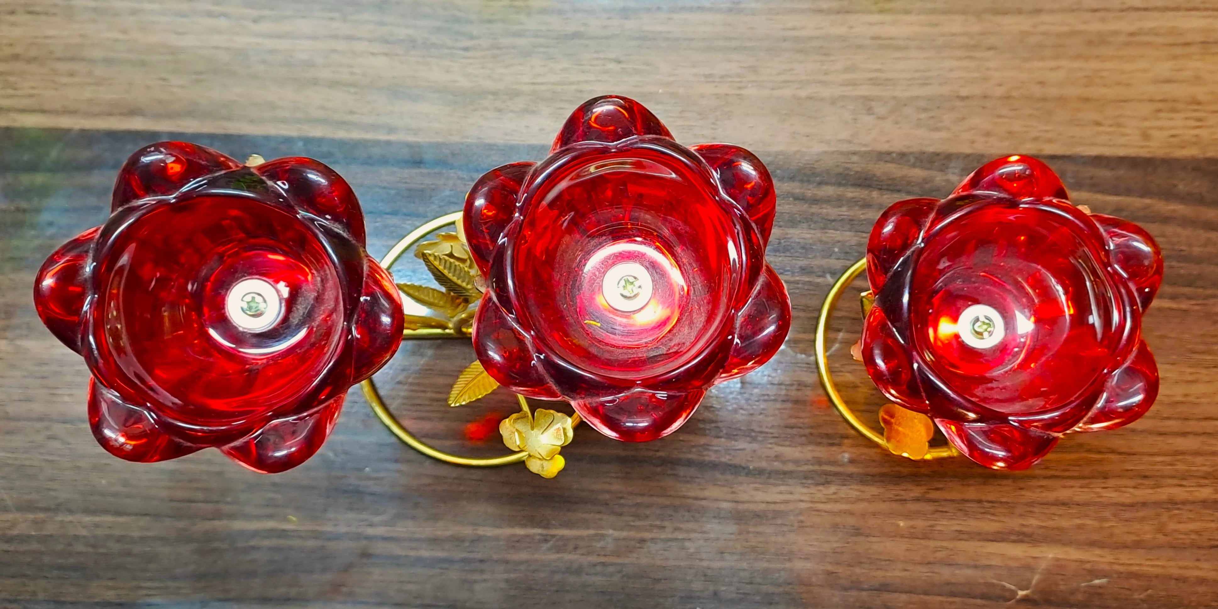 2-Pcs Set of Golden Metallic Stands with Red Glass Rose Holder