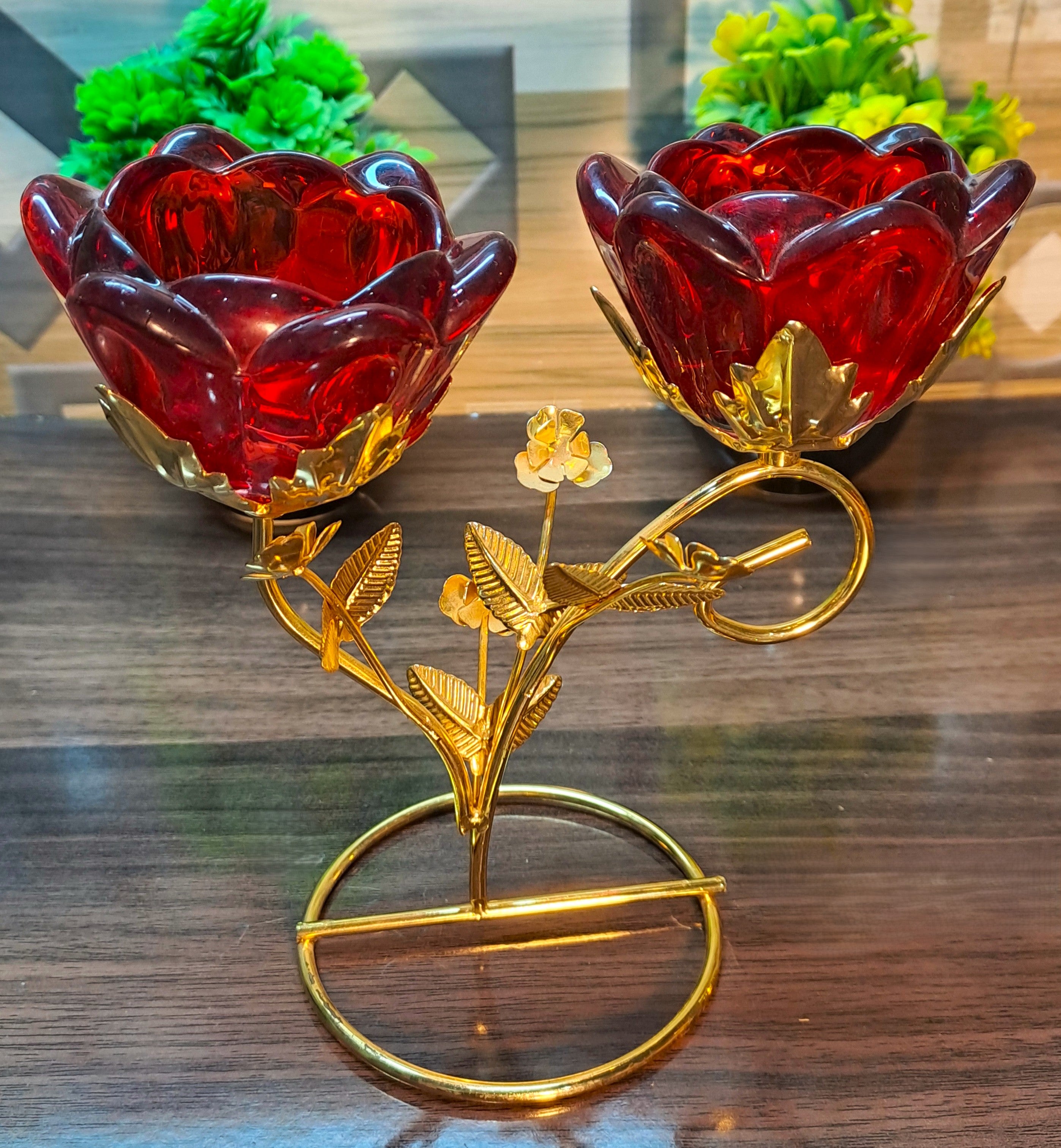 Golden Metallic Stands Set with Red Glass Rose Holder (2 Pieces in Set)